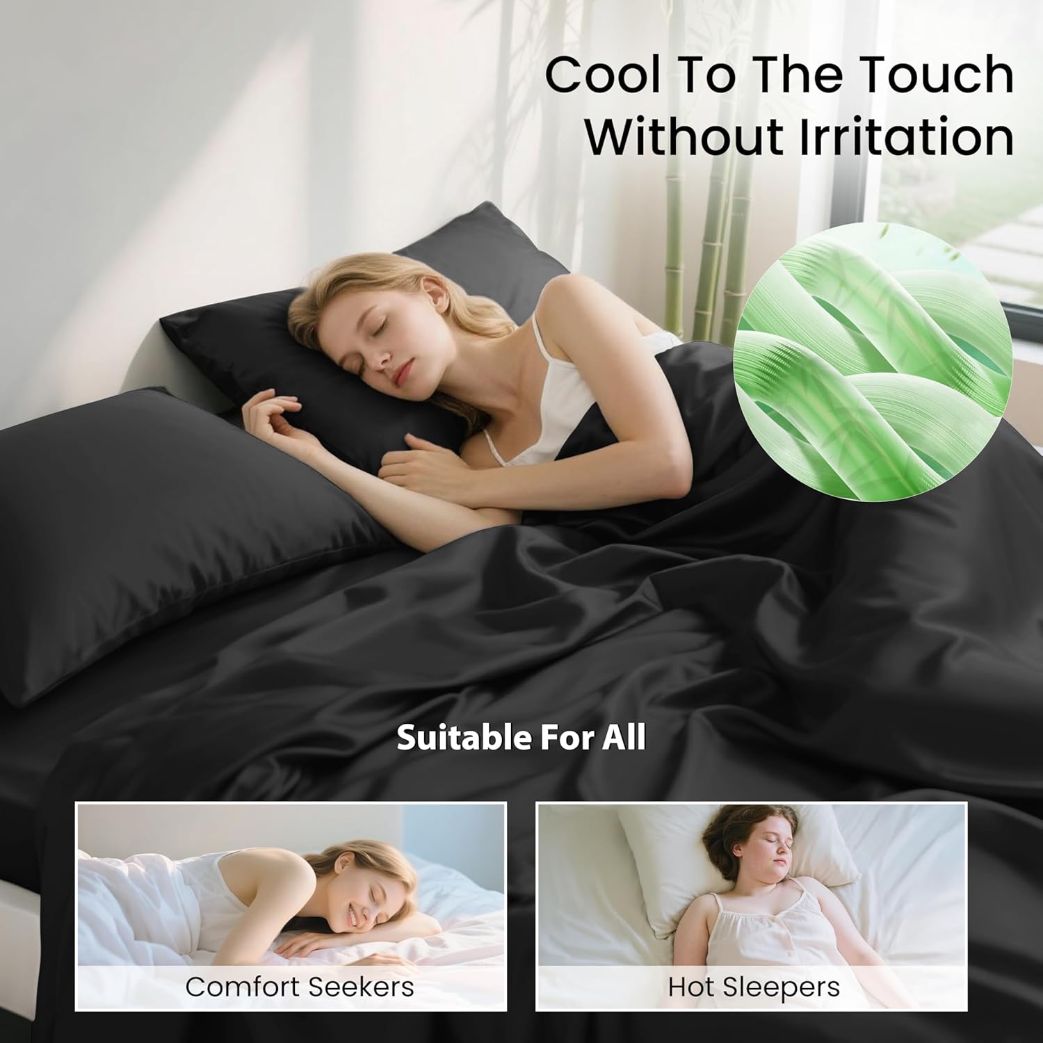 Love's cabin 4 Piece Queen Sheet Set, Cooling Sheets, 100% Rayon Derived from Bamboo, Breathable & Soft Queen Size Bed Set, Deep Pocket Up to 16", Hotel Luxury Silky Bedding Sheets, Black - Image 3