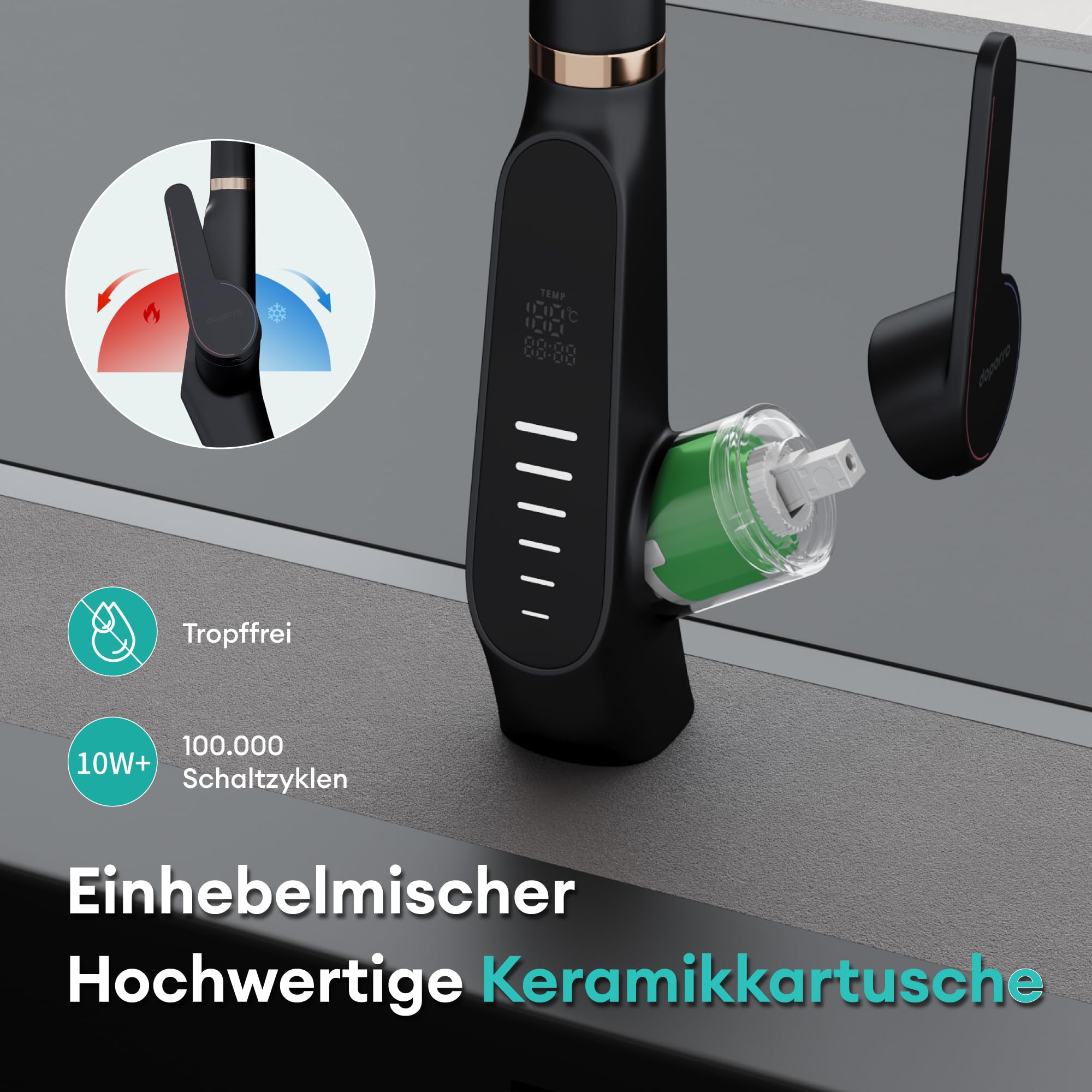 Mai & Mai Wasserhahn Küche ausziehbar, Küchenarmatur mit LED-Digitalanzeig | 360° drehbar Einhebelmischer Küche, 3 Wasserstrahl-Modi, Küchenwasserhahn Spültischarmatur Schwarz MS-8085