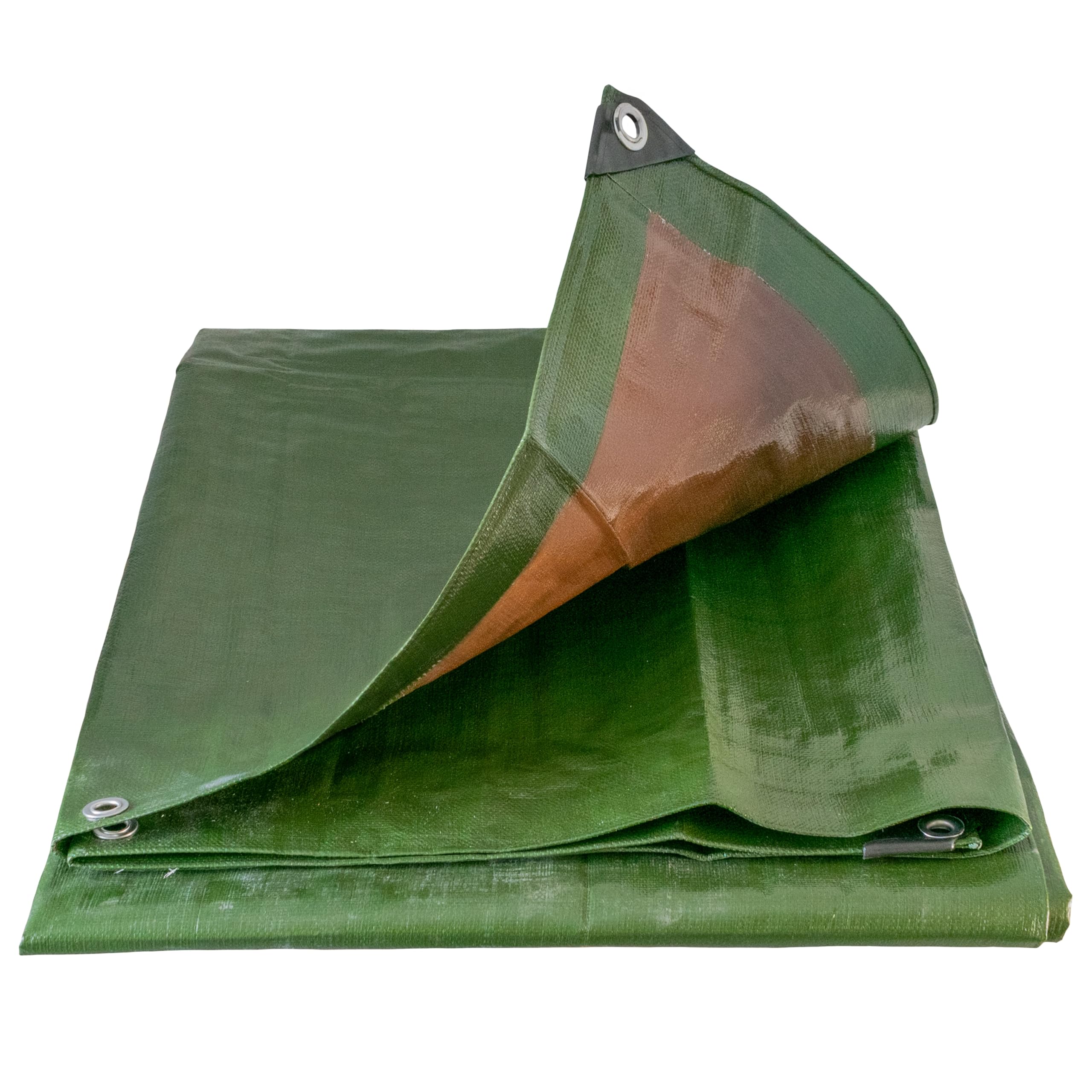 Tough heavy 220 gsm duty waterproof green with brown reverse tarpaulin/tarp cover sheet/extra eyelets at 50cm with reinforced corners (1.5m x 2m)