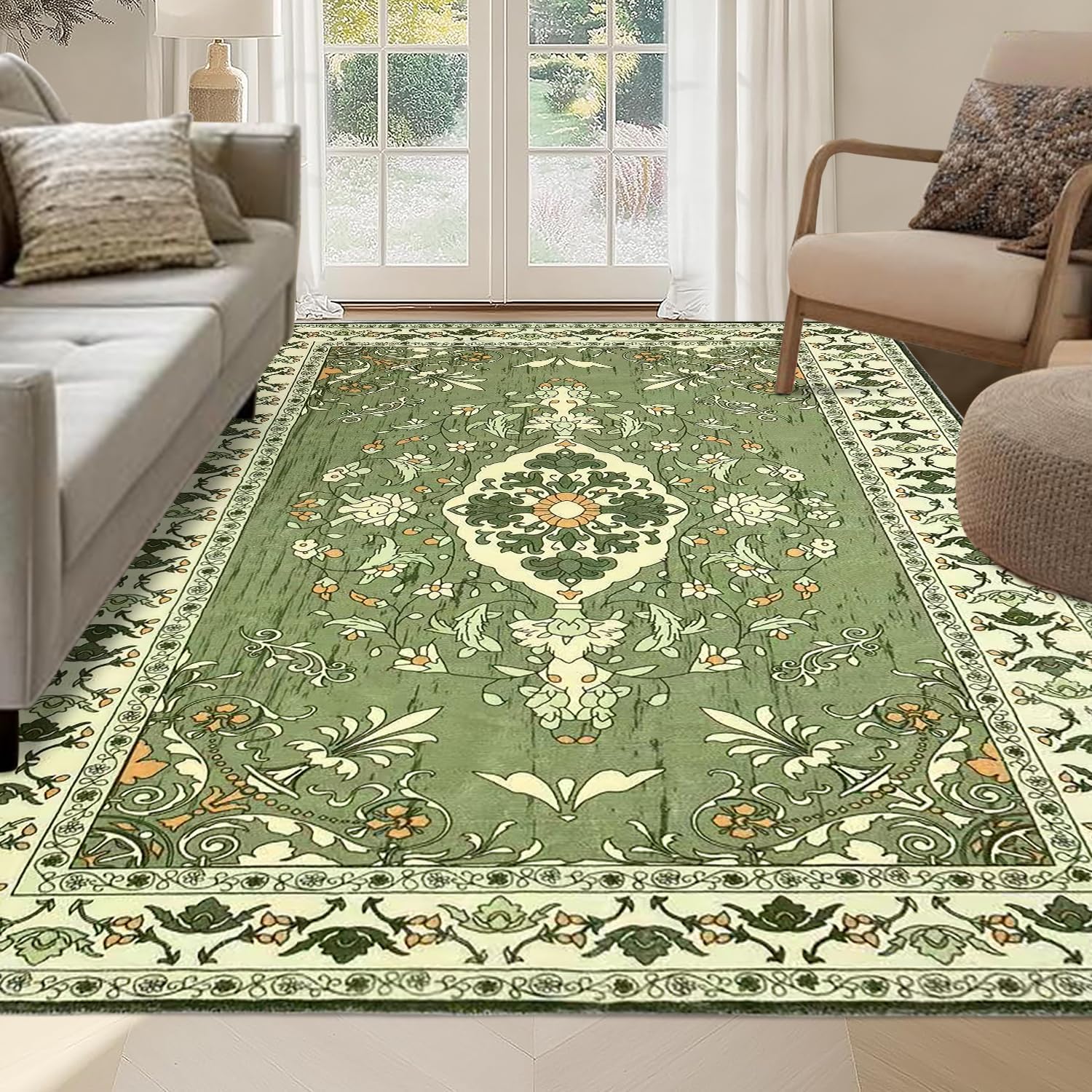 5x7 Area Rugs for Living Room, Bohemian Print Vintage Soft Low Pile Dust Absorbing, Non-Slip with Rubber Backing Washable Carpet for Bedroom Dining Room Home Decor, Green Green 5X7 feet