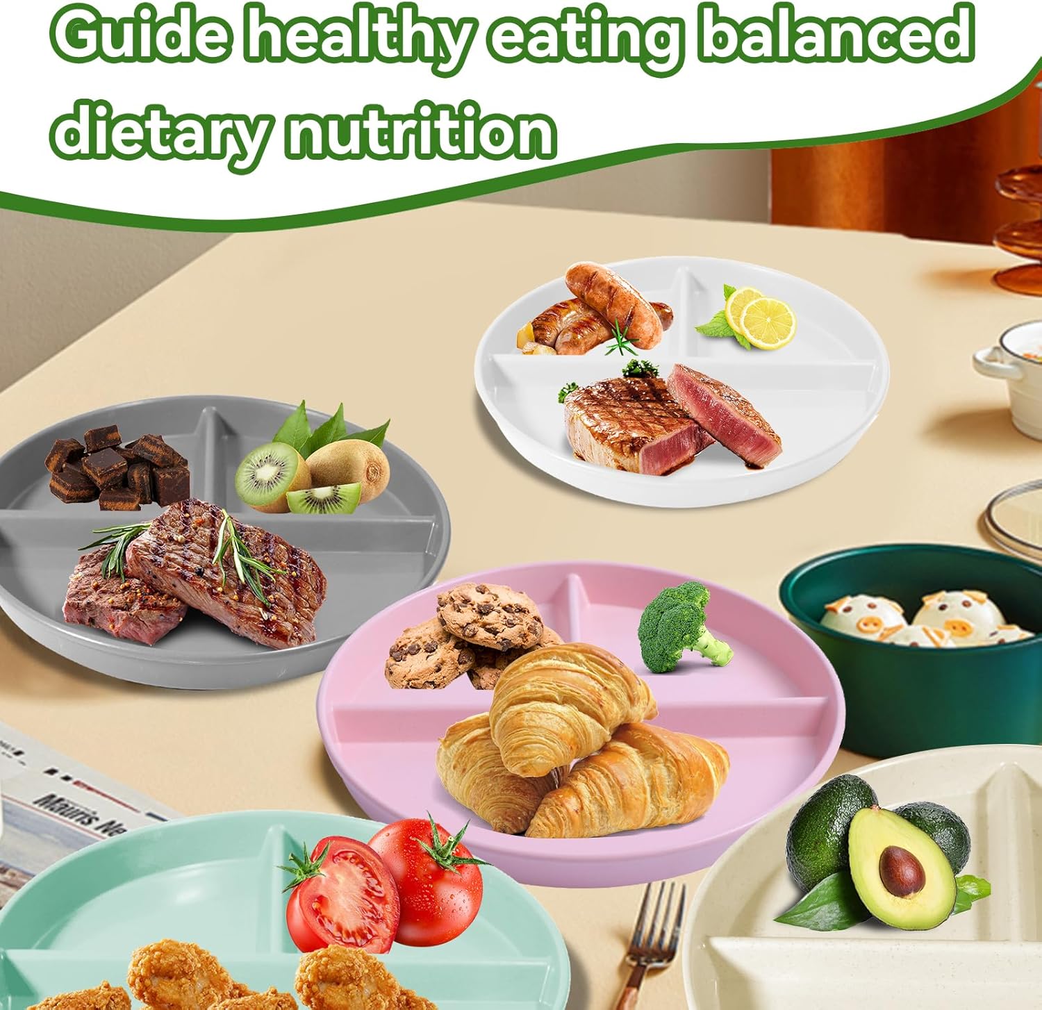 Unbreakable Divided Plates for Kids Adults 9 Inch 5Pcs,Round Portion Control Plate,3 Compartment Plates With Dividers,Microwave And Dishwasher Safe - Image 6