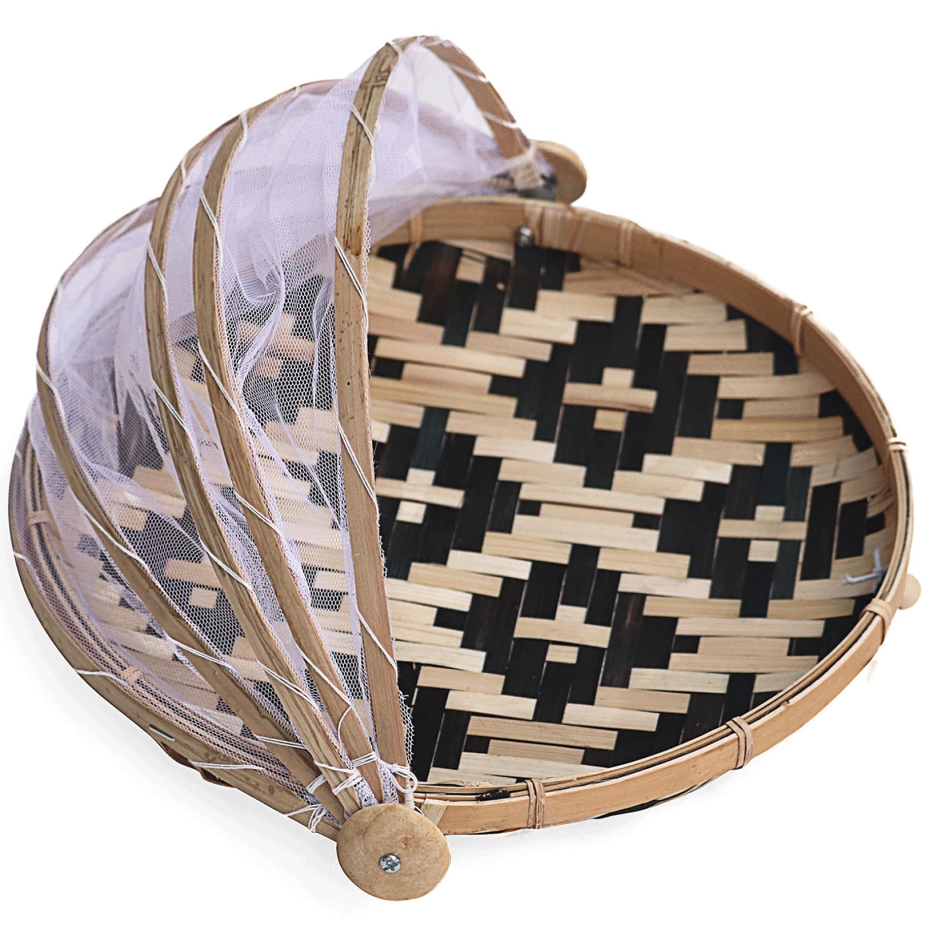 Wxyestna Food Tent 14 Inch Bamboo Fruit Basket with Mesh Cover Dustproof Round Fruit Vegetable Bread Cover for Picnics Camping