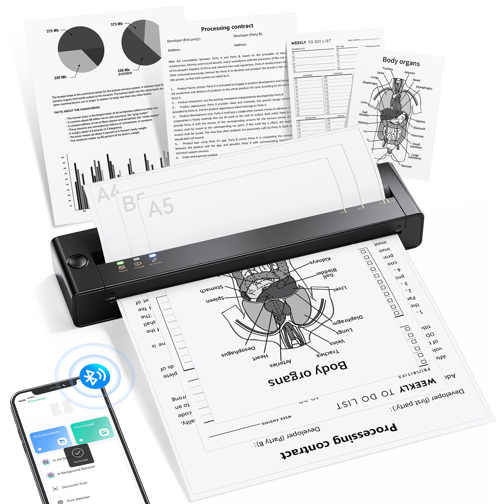 TATTMUSE Stampante portatile A4 da viaggio, stampante termica A4 Supporta il formato A4/A5/B5, piccola stampante portatile senza fili compatibile con telefono, laptop, stampante portatile per ufficio