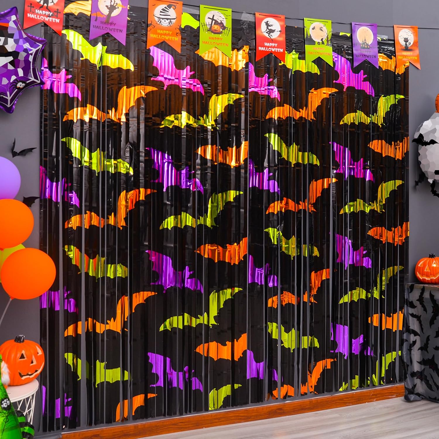 Mega-L Halloween Party Decorations, Bat Pattern Photo Backdrop, 2 Pack | Halloween Photo Booth Props, 3.3 X 6.6 ft, Metallic Foil Fringe Curtains, Spooky Photo Backdrop, Halloween Streamers