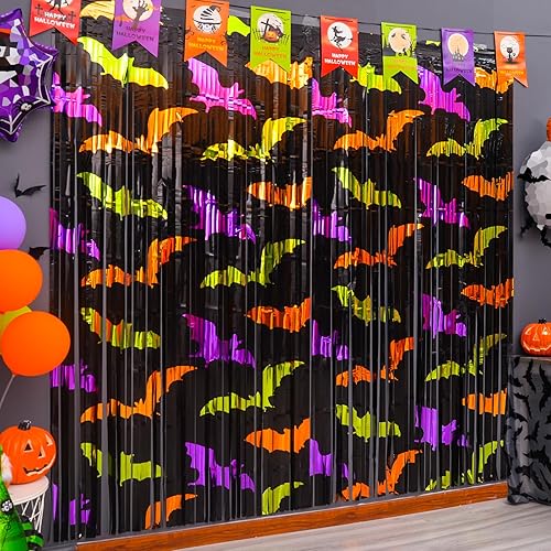 Vista 13 de Mega-L - Decoraciones de fiesta de Halloween, paquete de 2 cortinas de flecos de tela de araña naranja, morado y negro, 3.3 x 6.6 pies para cabina