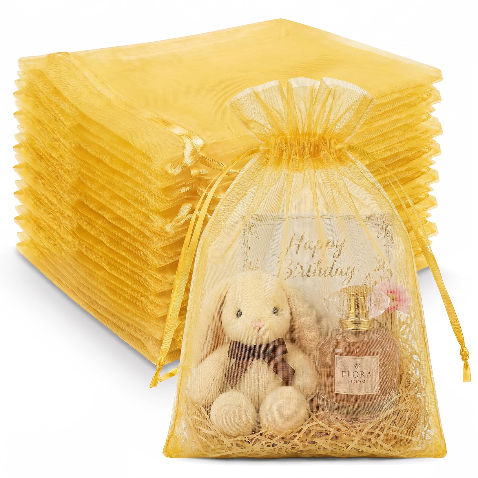 Crweety 50 Pcs Large Organza Bags 8x12, Gold Small Gift Bags Drawstring