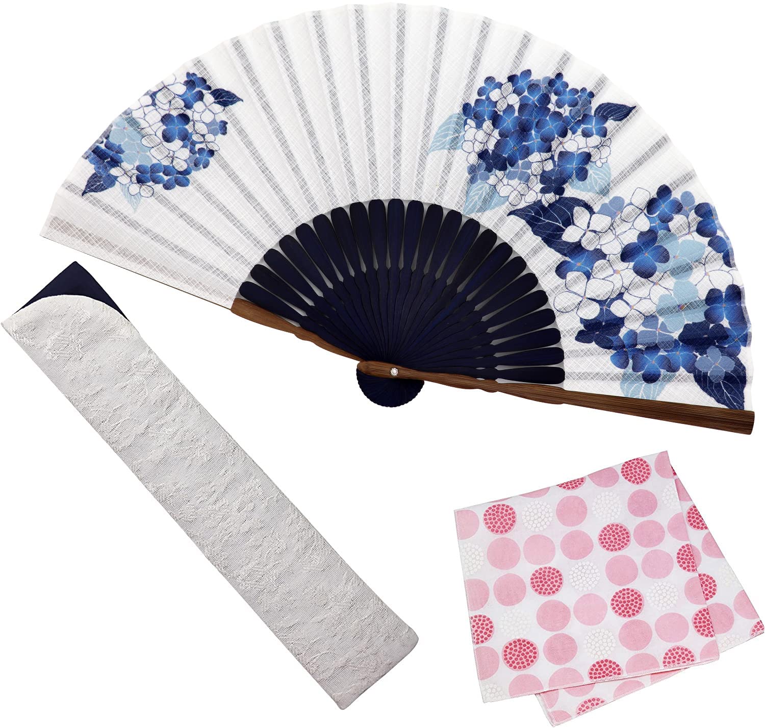 Indigo Hydrangea Folding Fan with Handkerchief