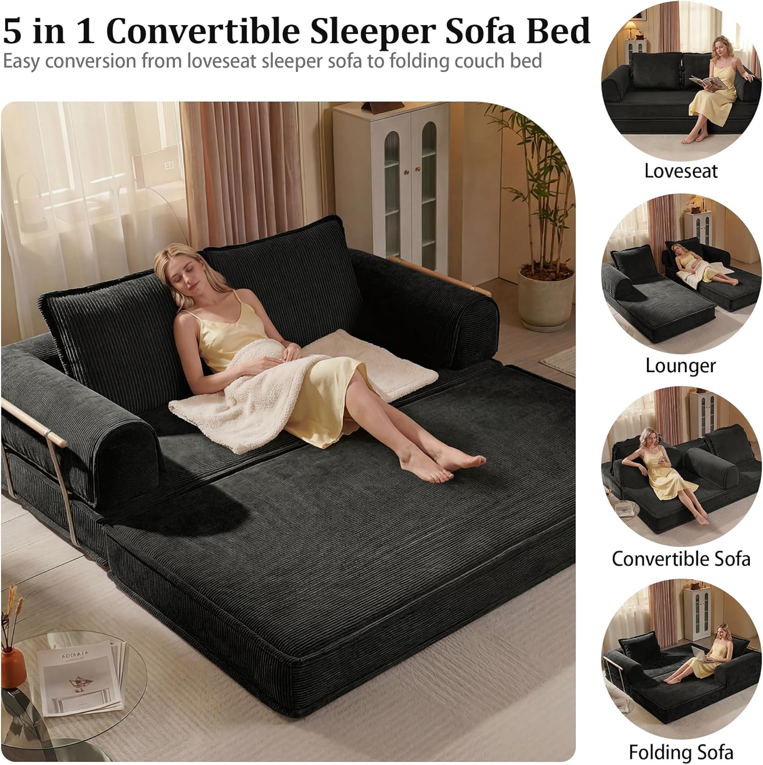 79" Convertible Sleeper Sofa Bed,5-in-1 Corduroy Folding Boneless Modular Floor Couch, Loveseat with Pull-Out Bed,Space-Saving Futon Mattress Couches for Living Room Bedroom Lounge,Black