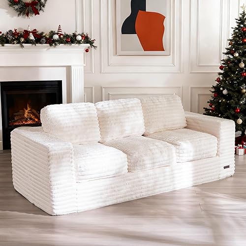 MAXYOYO 3-Seater Boneless Sofa Couch in a Box, Modern Faux Fur Sofa for Living Room, Soft High-Density Foam Couch with Pillows, Fluffy & Supportive Chair Lounge, No Assembly Required, White