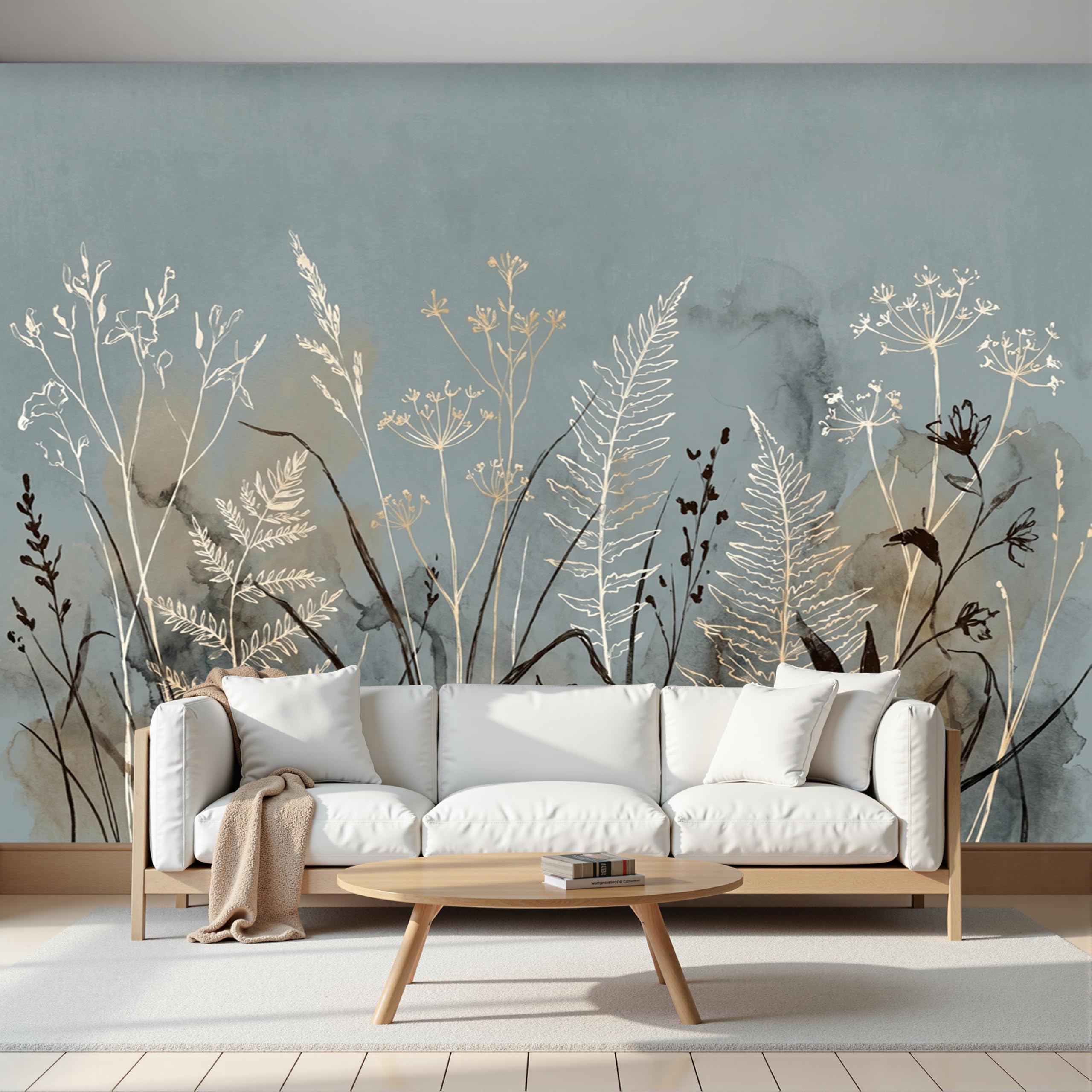 Art papel tapiz fotográfico flores de helecho azul grisáceo para sala 200x140