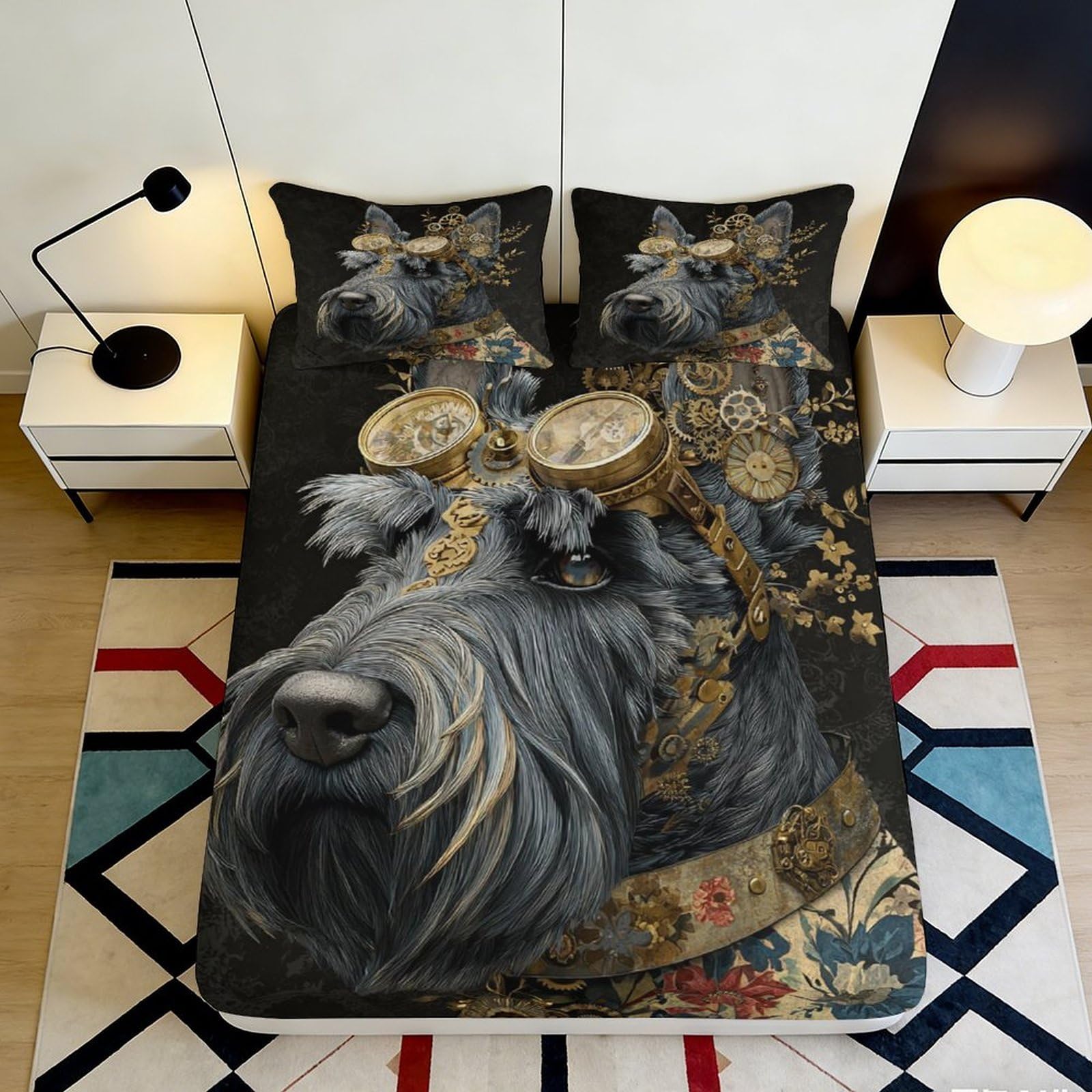 3D Printed Steampunk Dog Fitted Sheet Microfiber Soft Breathable Mechanical Gear Bed Cover for Bedroom Dormitory Guest Room Mattress Protection 180x200x25cm