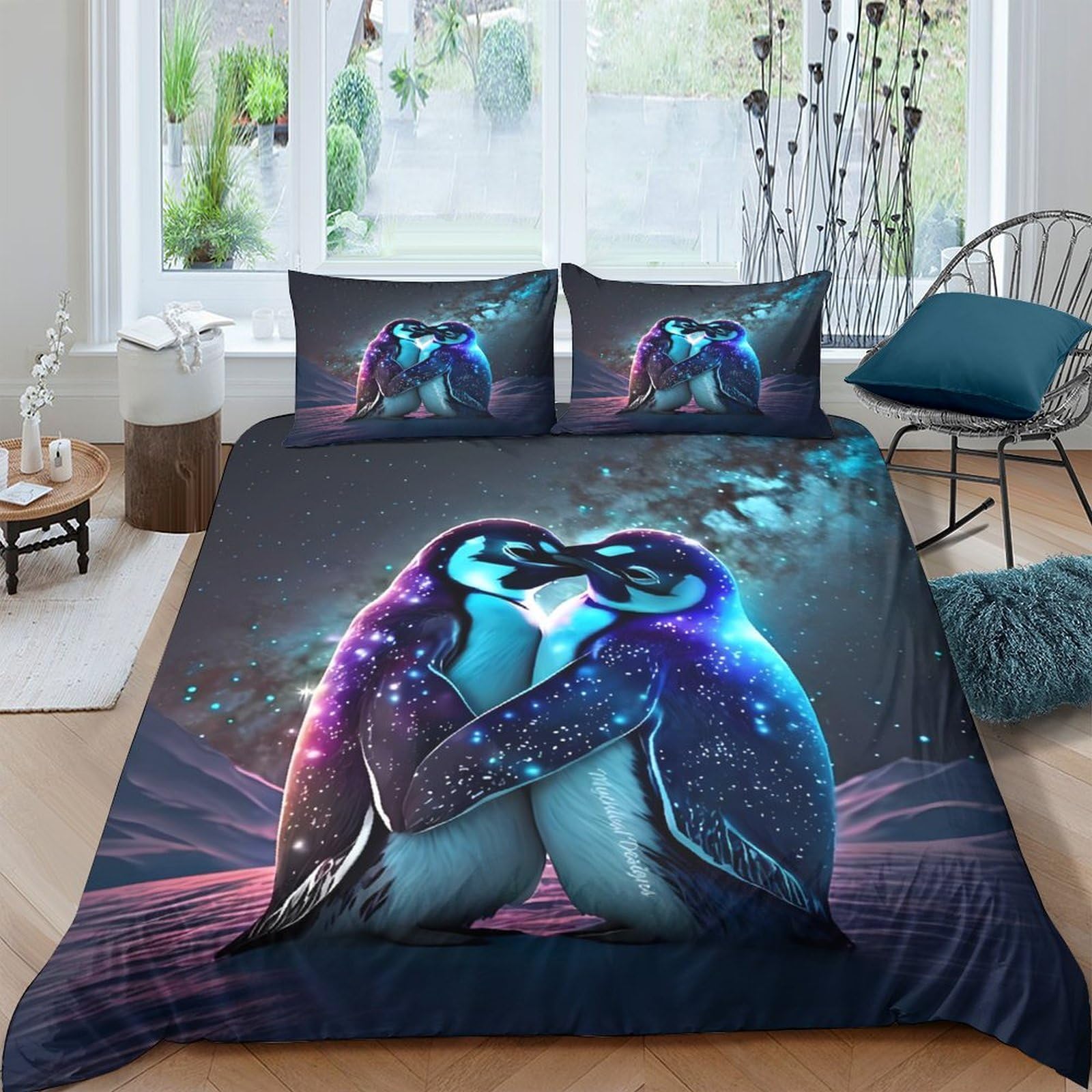 Ctjqhvkz Style-6 3D Printed Galaxy Penguin Fitted Sheet Microfiber Soft Easy Care Cosmic Night Mattress Cover Bedroom Decor Single（135X200cm）