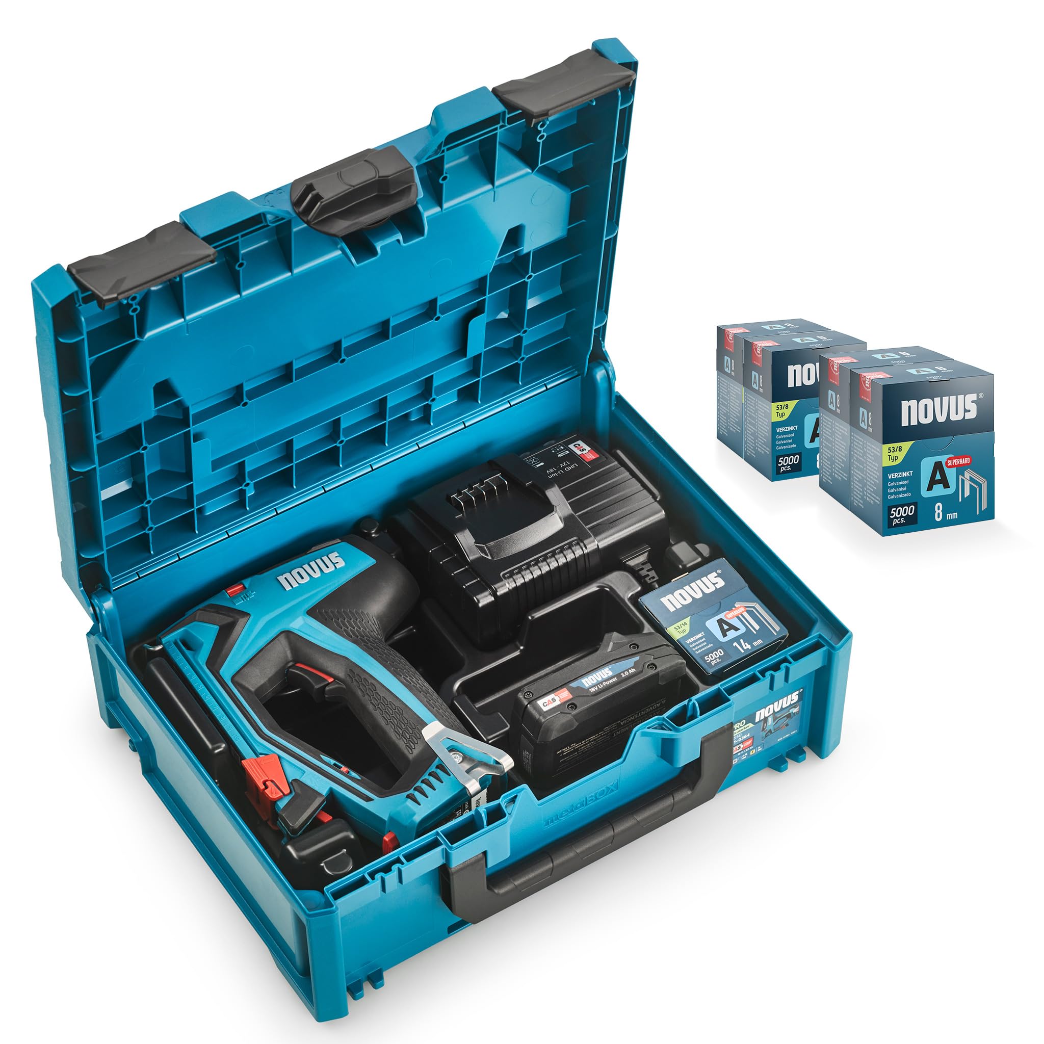 Novus Tools J-550 metaBOX, agrafeuse sans fil professionnelle, 25000 agrafes, batterie CAS 18V