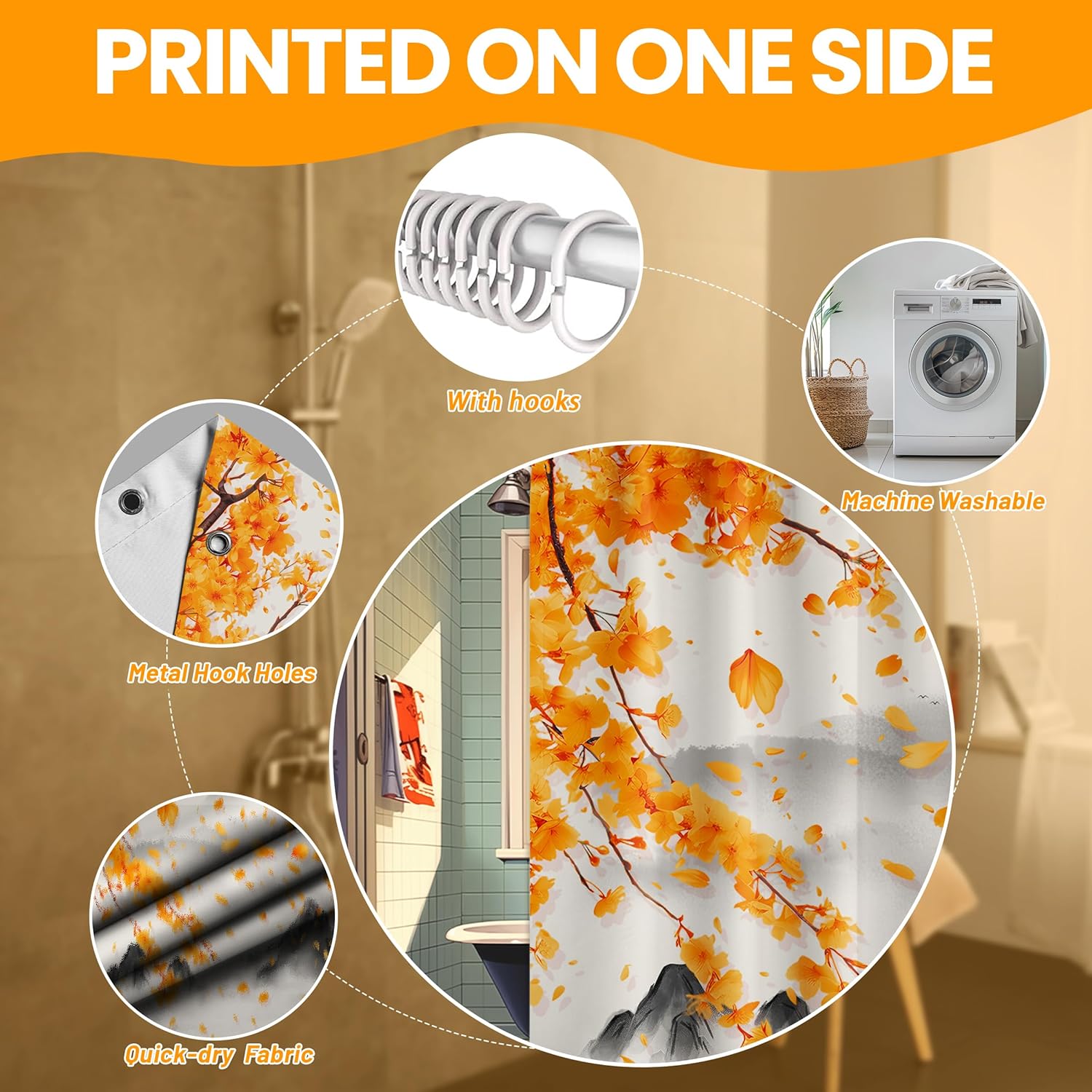 Orange Floral Shower Curtain Anime Terracotta Spring Burnt Orange Flower Shower Curtains for Japanese Bathroom Decor Sets, Waterproof Cloth Fabric with Hooks, 70x72 Inch