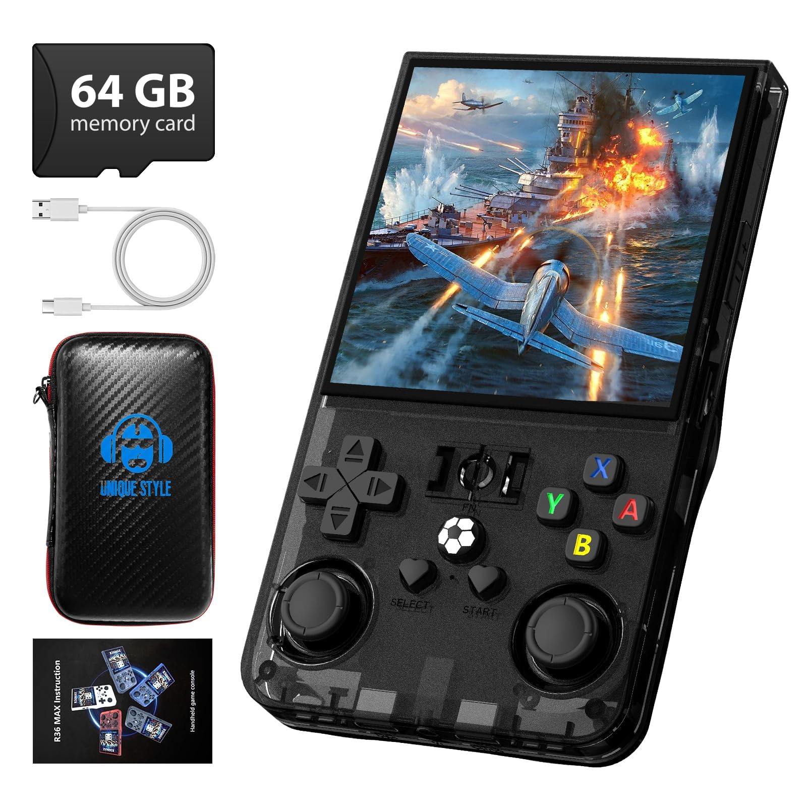 R36MAX Retro Handheld Game Console, 4.0 Inch 720x720 IPS Screen, 64GB Built-in 18,000+ Classic Game, Portable Hand Held Open Source Linux System, 4000mAh Battery Retro Gaming Console(Black 64GB)
