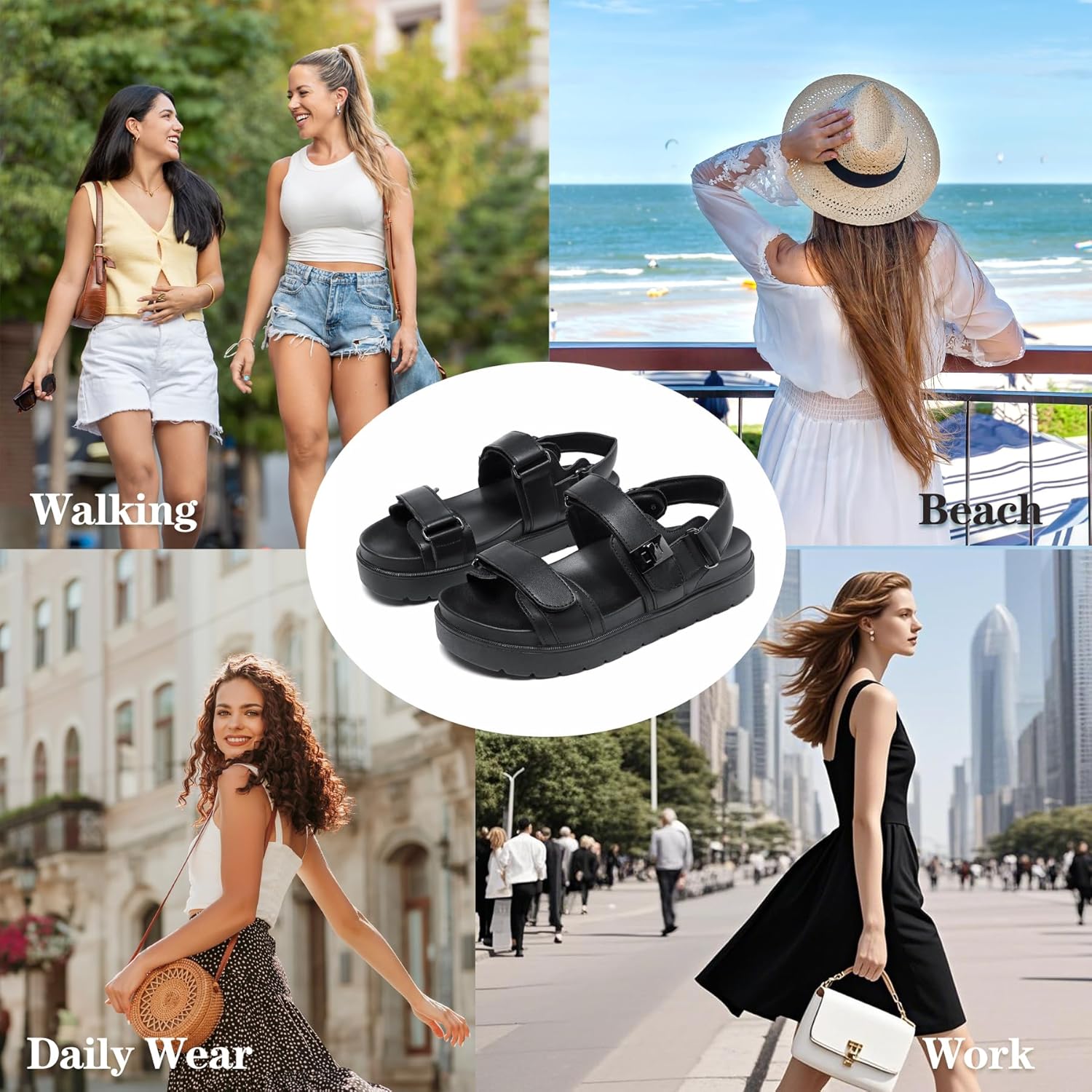 ZEENXIUYA Women's Thick Platform Sandals Comfort Adjustable Double Strap, with Soft Cushioned Footbed Open Toe Sandals, Arch Support Summer Beach Slip On Leather Flat Sandal - Image 2