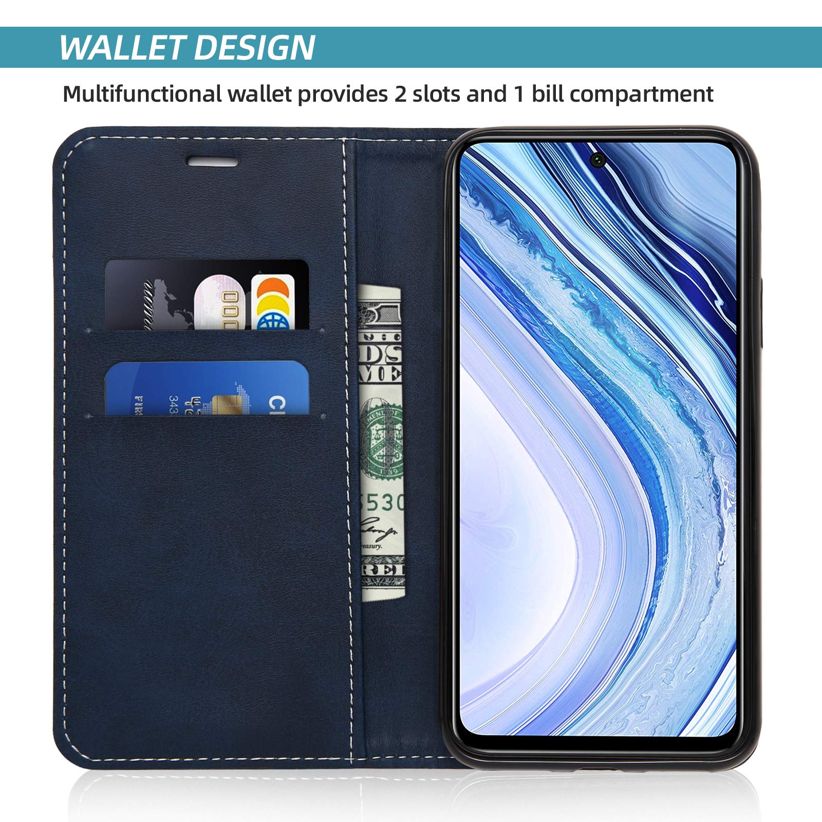 Cover per Xiaomi Redmi Note 9 PRO/Redmi Note 9S, Custodia in PU Pelle Portafoglio per Xiaomi Redmi Note 9 PRO/Redmi Note 9S, Magnetica Cover a Libro con Slot per Schede, Blu