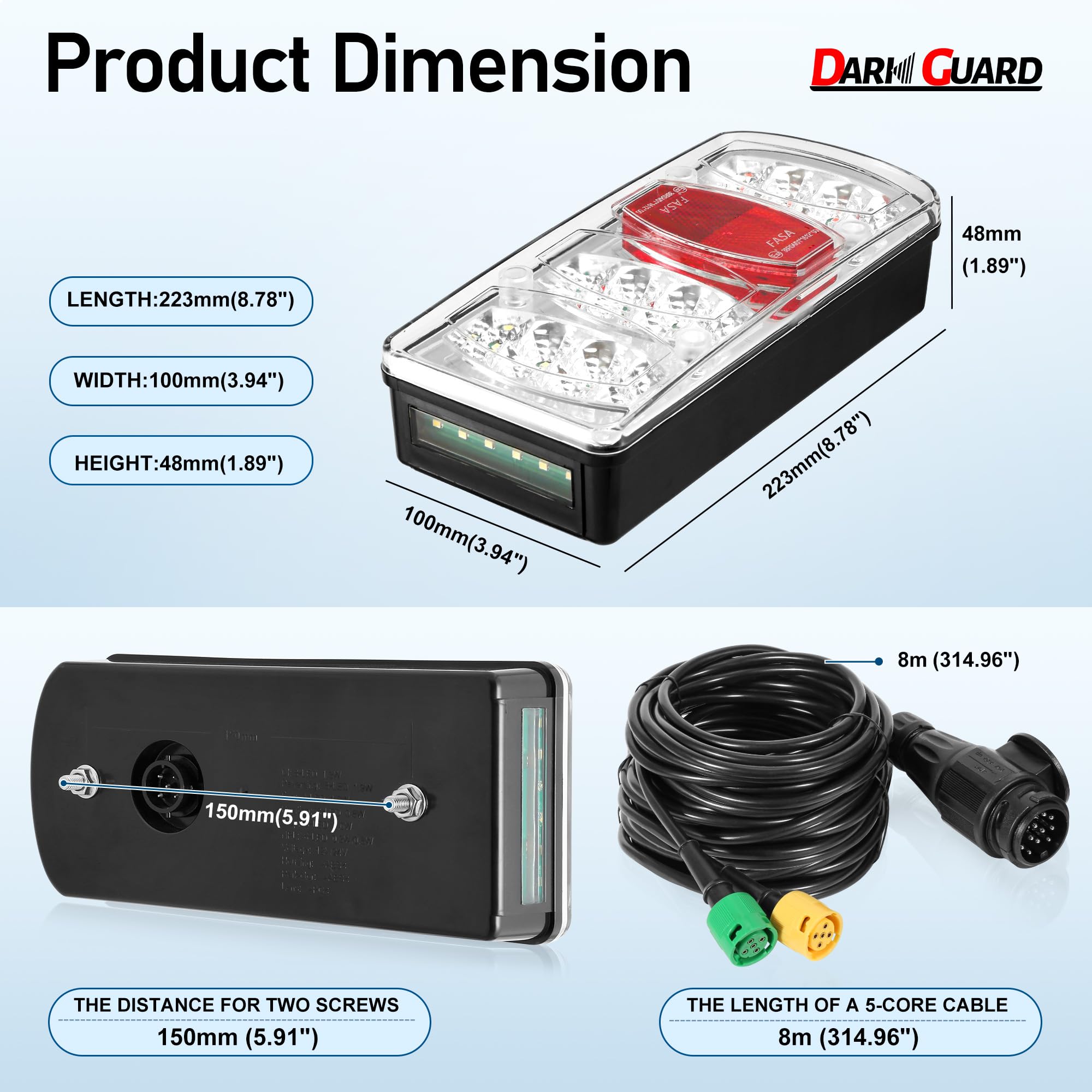 Kit Feux Arrières Remorque LED 12V/24V 7 Fonctions, 13 Broches Étanche avec Câble Précablé 8m & Connecteur Baïonnette, Certifié E57 pour Camion Caravane Van Tracteur