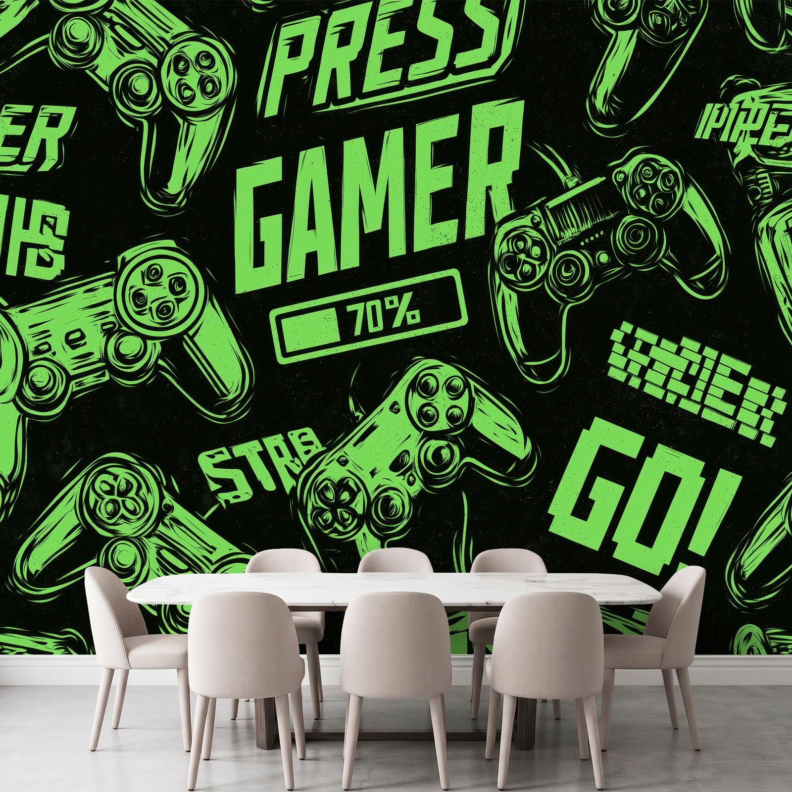Tapeta mural 3D panoramiczne zdjęcie mural graffiti kontroler do gier fluorescencyjne zielone tło, dekoracja ścienna, tapeta, 250 x 175 cm, efekt 3D, plakat dekoracja do sypialni salonu