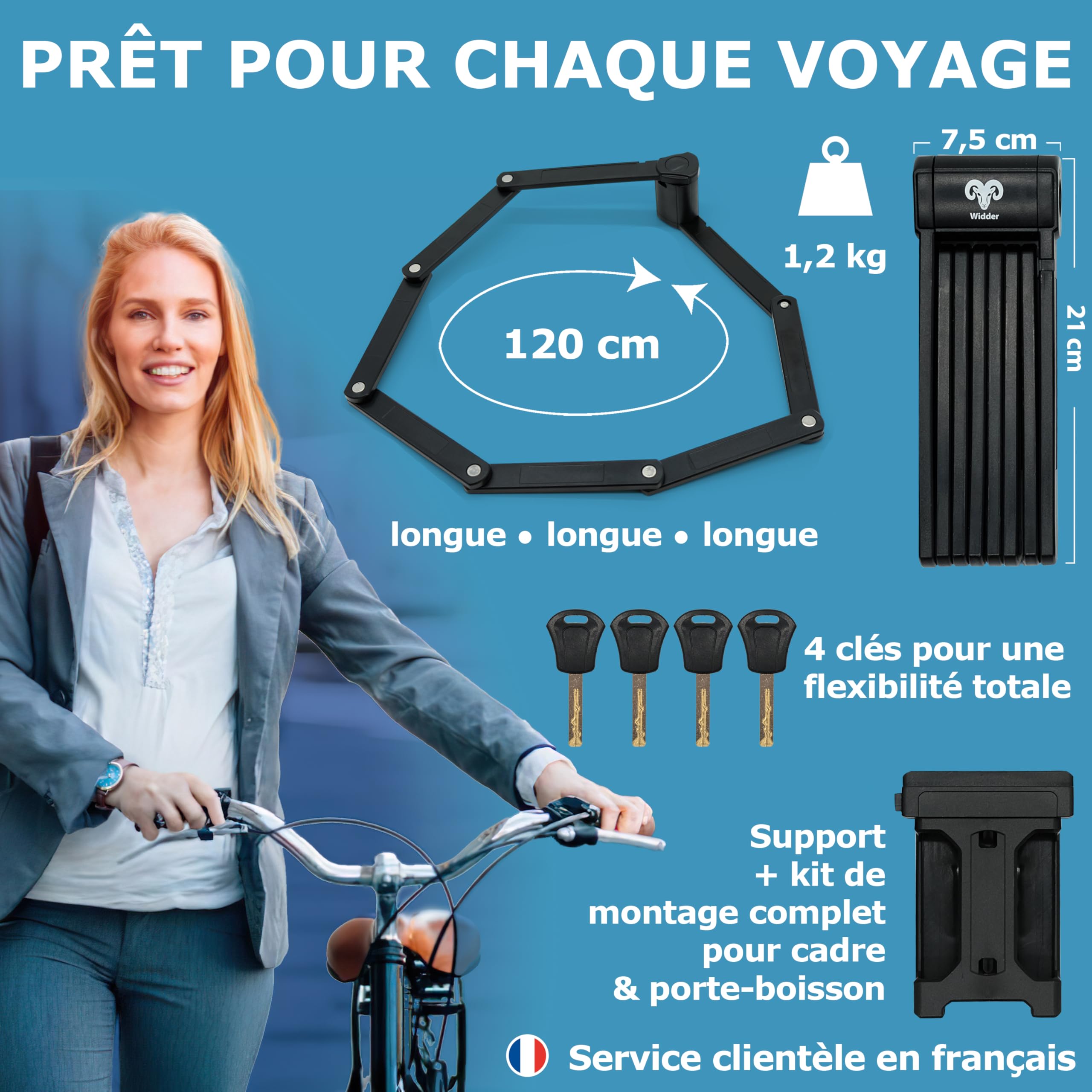 Widder Antivol pliable velo très sûr | 120 cm | Antivol pliant avec 4 clés | avec support – comme antivol velo electrique – idéal comme cadenas velo antivol, vélo électrique et anti vol vélo