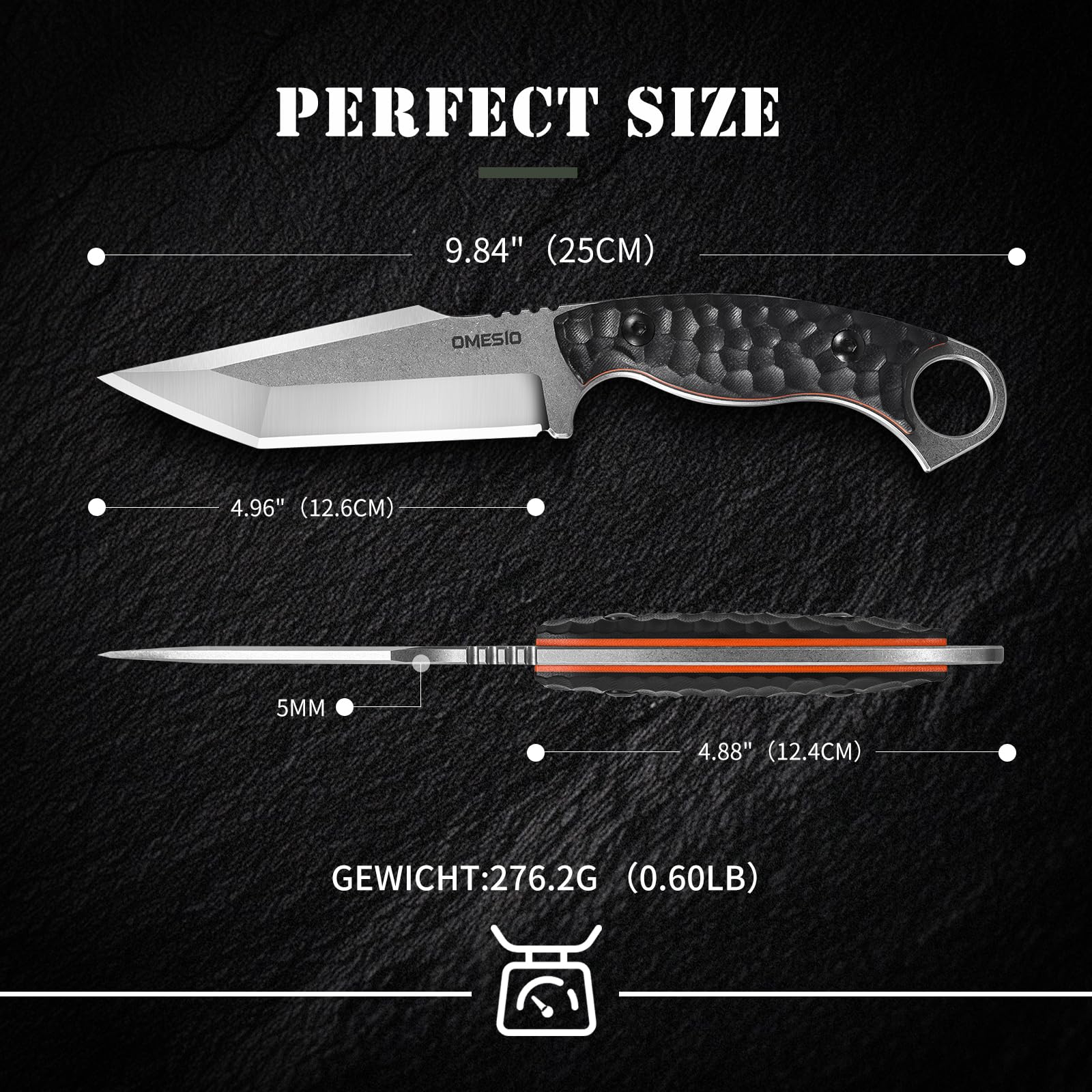 Omesio M-YL21 Tanto Couteau, livré avec étui Kydex et allume-feu, couteau de Survie haut de gamme en acier 420 à soie pleine, longueur de lame 12,6 cm manche G10, adapté à la outdoor et au camping.