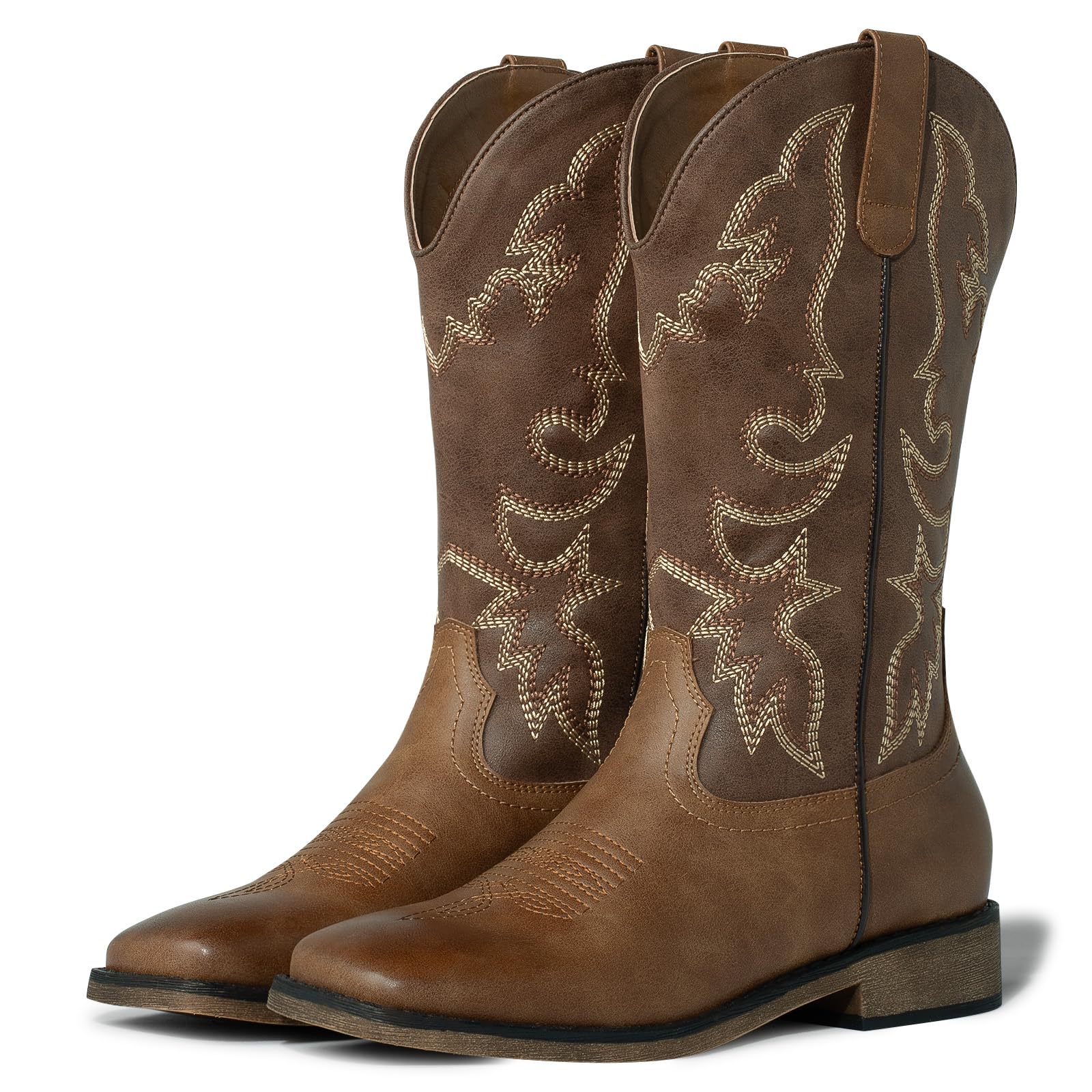 Js o l e Womens Square Toe Western Cowgirl Cowboy Boots Fashion Embroidered Mid Calf Brown