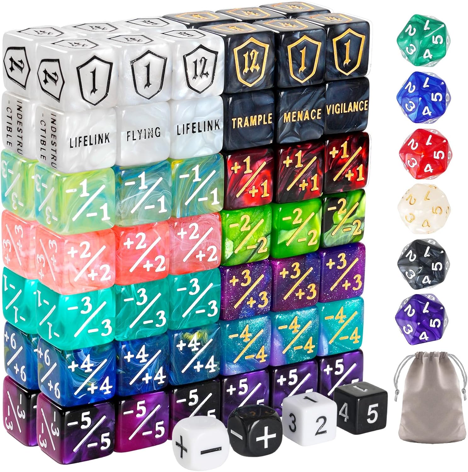 100 PCS MTG Dice Set – Ability Keyword Counters, +1/-1 Life Counter Shield Shaped Dice, D20 Number Dice, Buff Tokens, with 2 Velvet Bags for Storage
