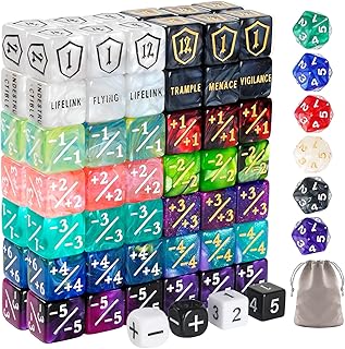 100 PCS MTG Dice Set – Ability Keyword Counters, +1/-1 Life Counter Shield Shaped Dice, D20 Number Dice, Buff Tokens, with 2 Velvet Bags for Storage