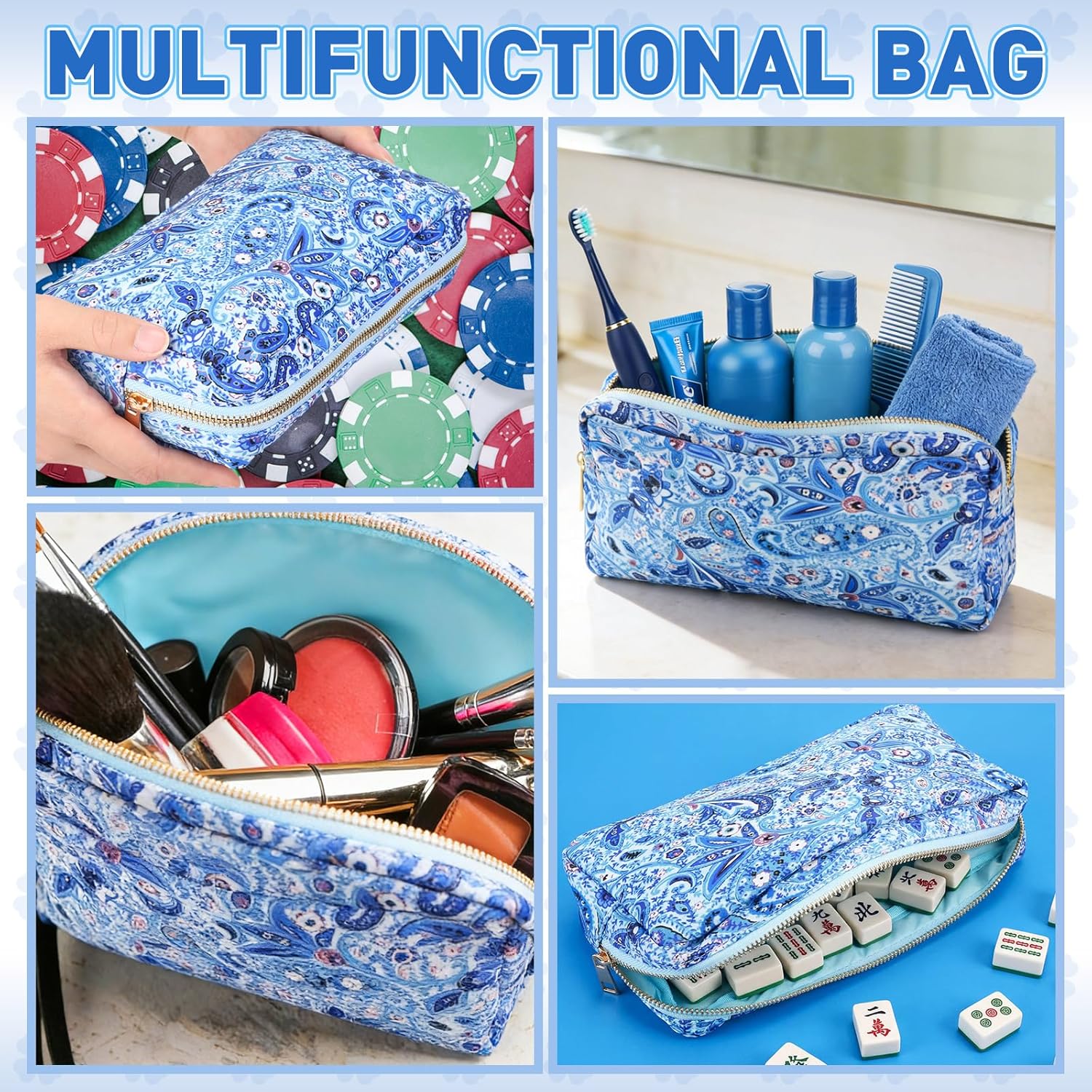 Empty Mahjong Tiles Bag Thickened American Mahjong Tiles Bag with Zipper Board Game Storage Pouch Pieces Game Case for Travel Gatherings Party Accessories, 10.4 x 5.6 x 3.4 Inch(Blue)