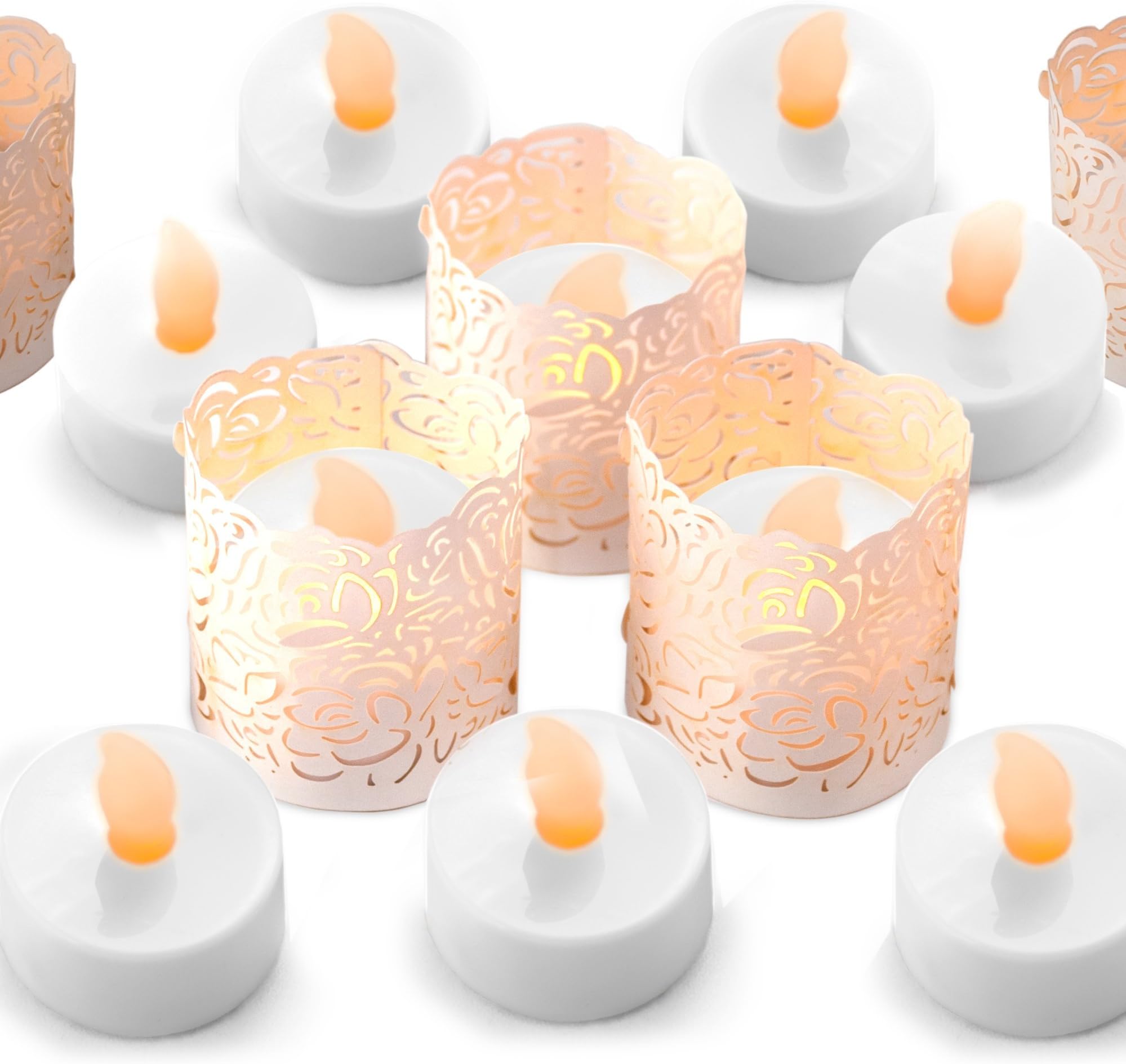 Flameless LED Tea Light Candles - Bonus White Decorative Holder Wraps Included, Battery Operated, Flickering Votive Fake Tealights - 24 Pack