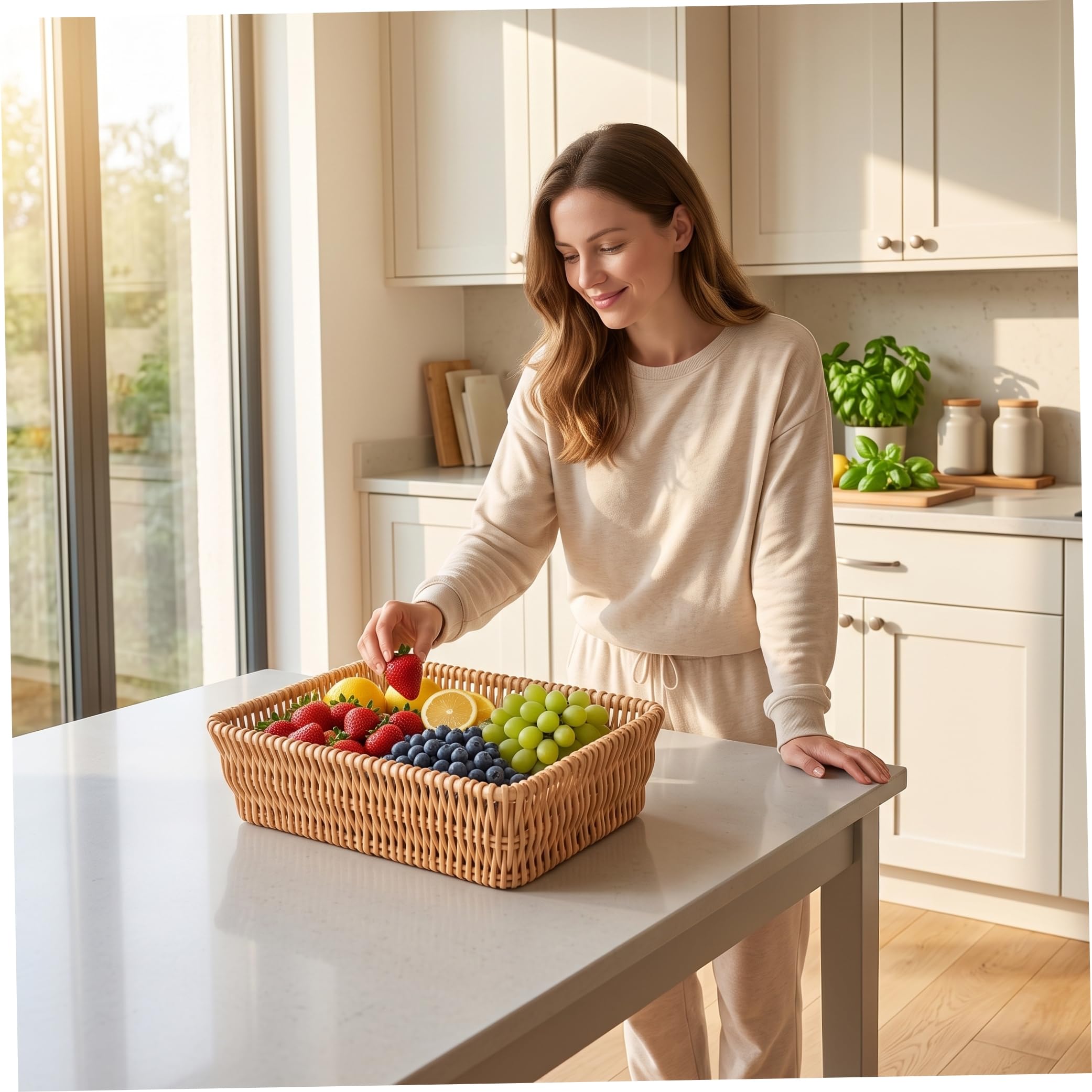 Bandeja para Mesa de Centro Bandeja Tejida Natural 40x30x8cm | Material natural apto para alimentos, apilable, ahorra espacio, multiusos para interiores y exteriores.