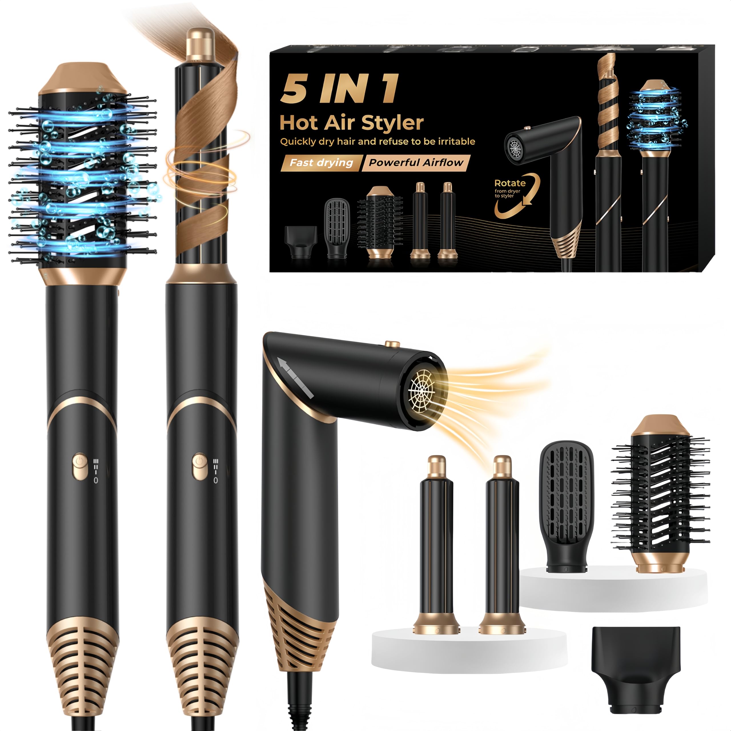 UMIGA Hairstyler 5 in 1 Airstyler Haarstyler Luft Lockenstab Föhn Thermal Brush Glättbürste Set Multistyler Rundbürstenföhn Warmluftbürste Haarstyling Geräte Hair Dryer Geschenke für Frauen, Blackgold