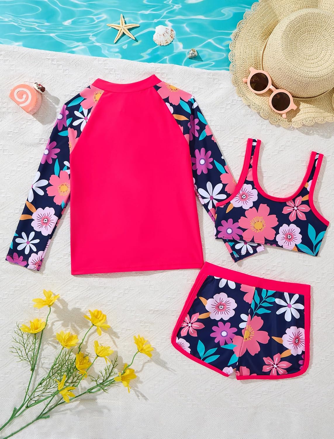 Girls Rash Guard Swimsuit Long Sleeve Zip Up Bikini Top Cute Shorts 3 Piece Bathing Suit (4-12Y)