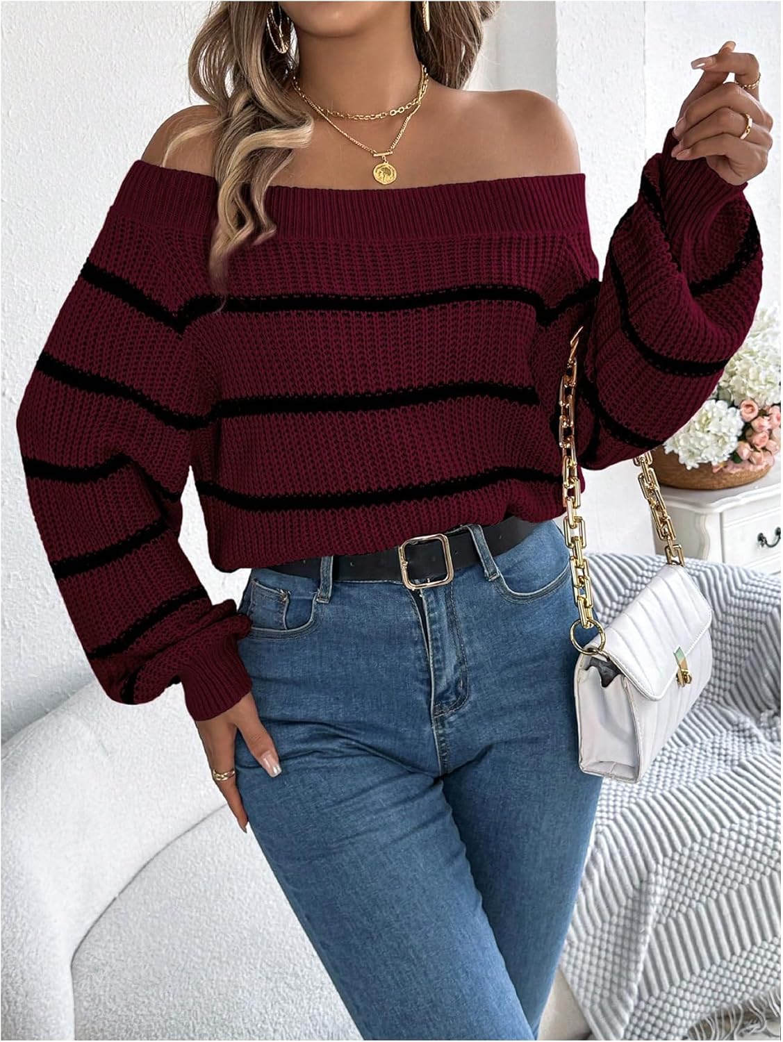 SOLY HUX Women's Off The Shoulder Sweater Striped Shirts Long Sleeve Pullover Knit Tops - Image 5