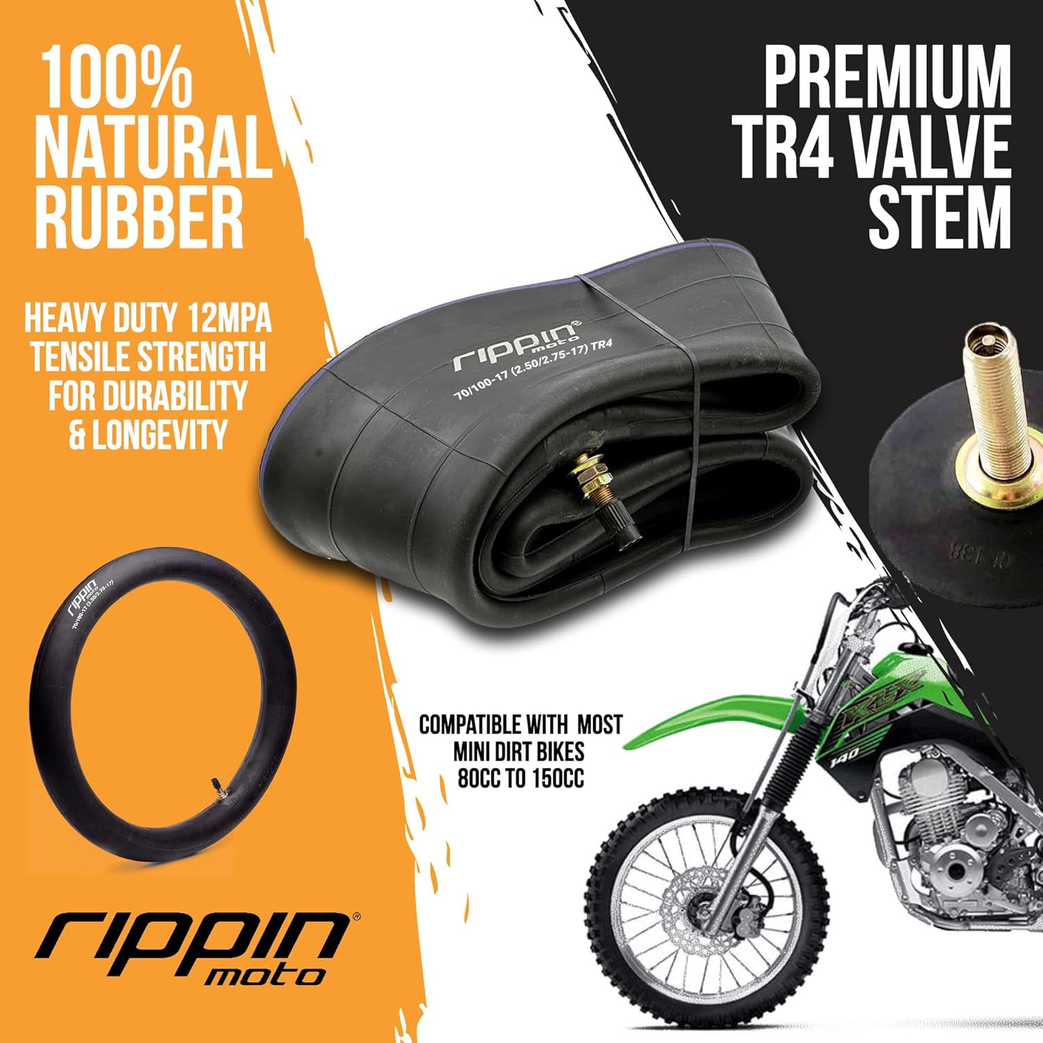 Rippin Moto 2.50/2.75-17 Heavy Duty Dirt Bike Inner Tube (70/100-17) 3.0mm Thick - TR4 Valve - Fits Most 17" (2.50/2.75 x 17) Trail Dirt Bike Tires