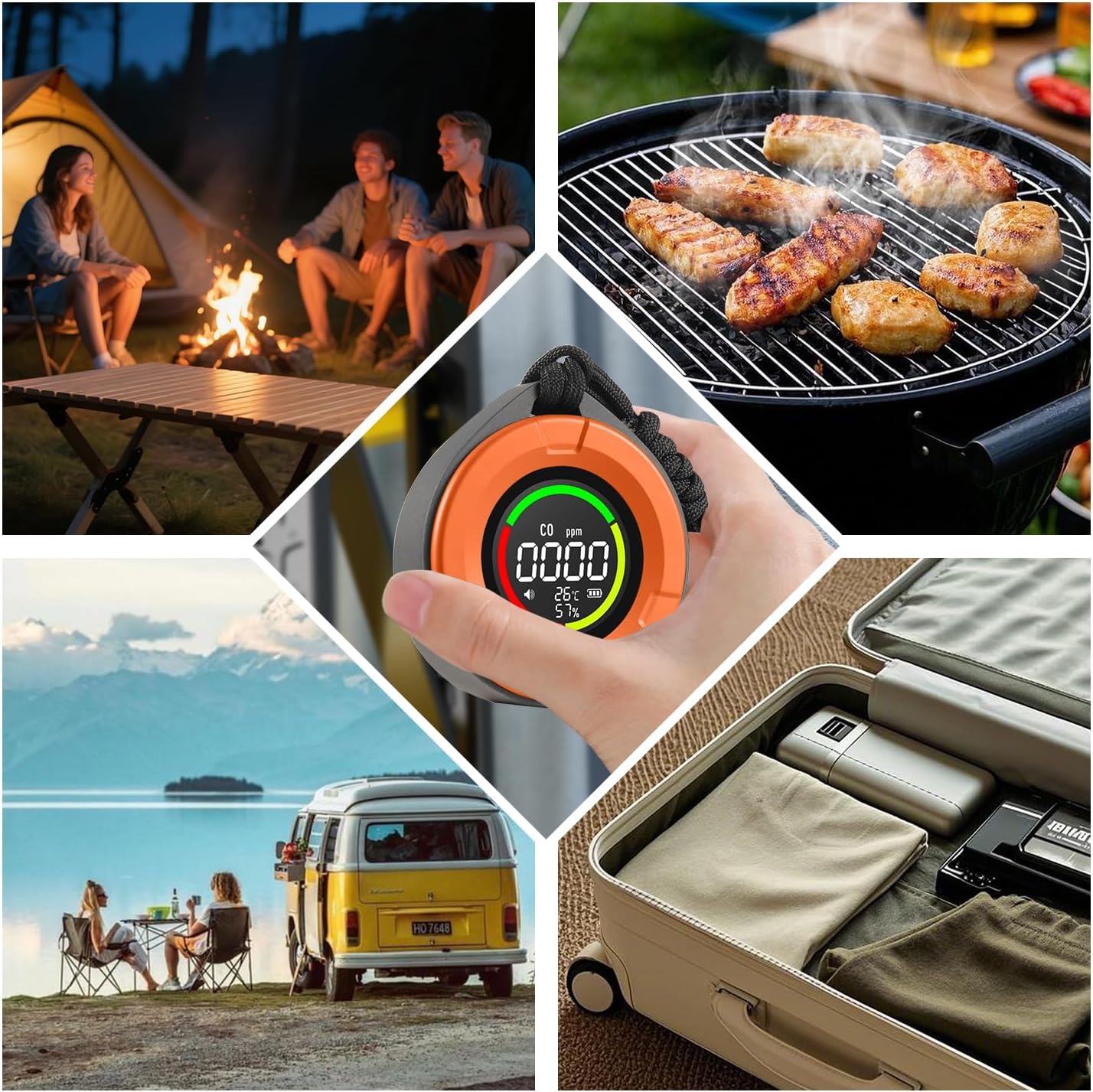 3-in-1 Portable Carbon Monoxide Detector for Travel, Portable Travel CO Detector Rechargeable CO Alarm with Temperature & Humidity Display, Travel Carbon Monoxide Detectors for RV, Camping (Orange)