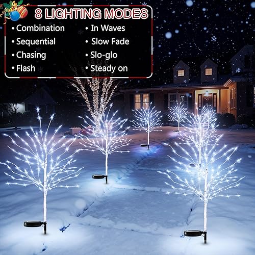 Miniatura 4 de 2 piezas de decoración de Navidad solar al aire libre, estacas de árbol de abedul de 35 pulgadas con 140 LED, 8 modos, luces de jardín de camino