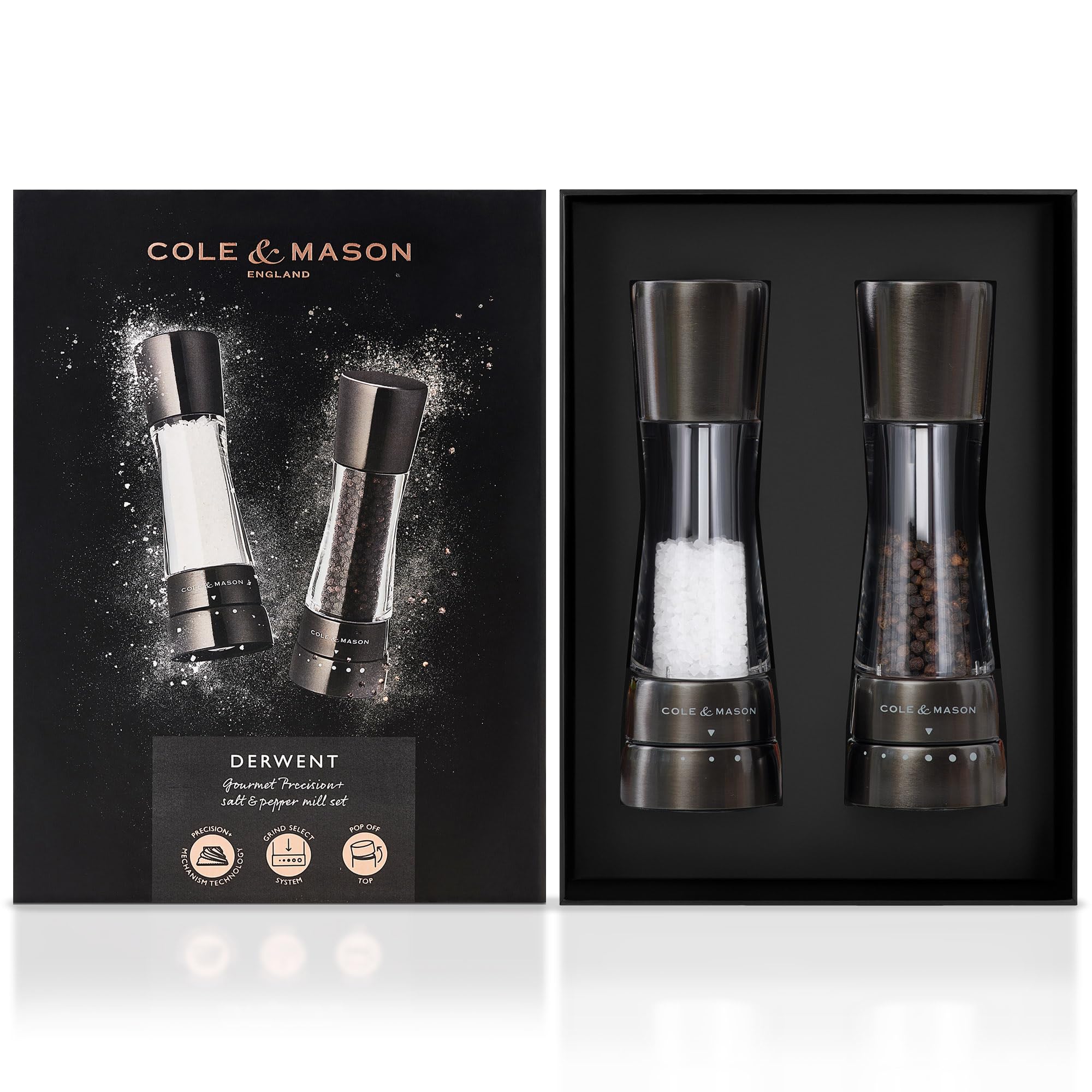Cole & Mason H59428G Derwent Gunmetal Macina Sale e Pepe, Macina Sale e Pepe, Ceramica Regolabile Macinino, Macinaspezie, Acciaio inossidabile, Acrilico, 190mm, Pacco Regalo, Include 2 x Mulini