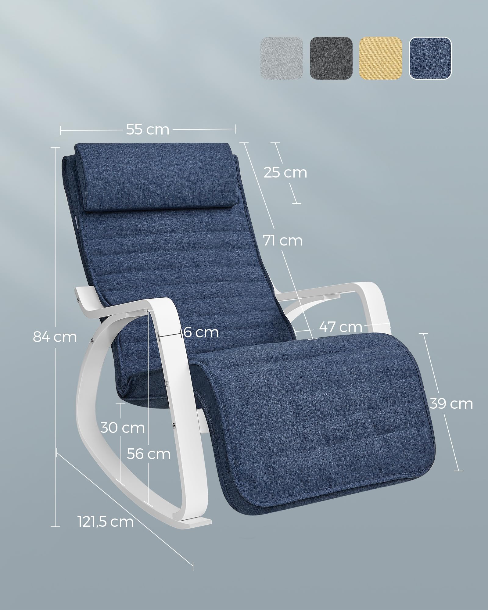 SONGMICS Fauteuil à Bascule, avec Accoudoirs en Bois, Chaise d’Allaitement, Repose-Pieds Réglable en 5 Positions, Capacité 150 kg, pour Chambre, Salon, Bleu Minuit et Blanc LYY011Q01