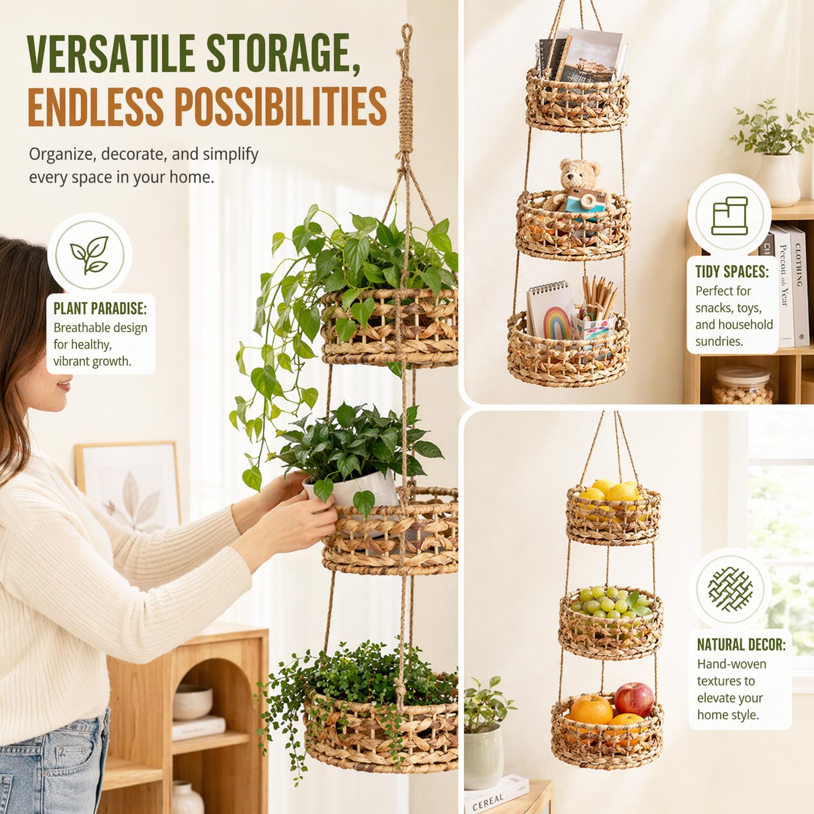 3-stöckiger Obstkorb zum Aufhängen, 3 Körben Aus Wasserhyazinthe, Wandregal aus 100% natürlichem Material, Platzsparende Hängekörbe für Küche, Gesamthöhe 100cm, Für Obst, Gemüse & Snacks