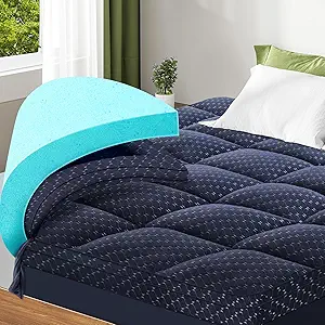 Dual Layer 3 Inch Memory Foam Mattress Topper King Size, 2 Inch Gel Memory Foam Plus 1 Inch Cooling Pillow Top Mattress Pad Cover, with 8-21 Inch Deep Pocket, Navy Blue