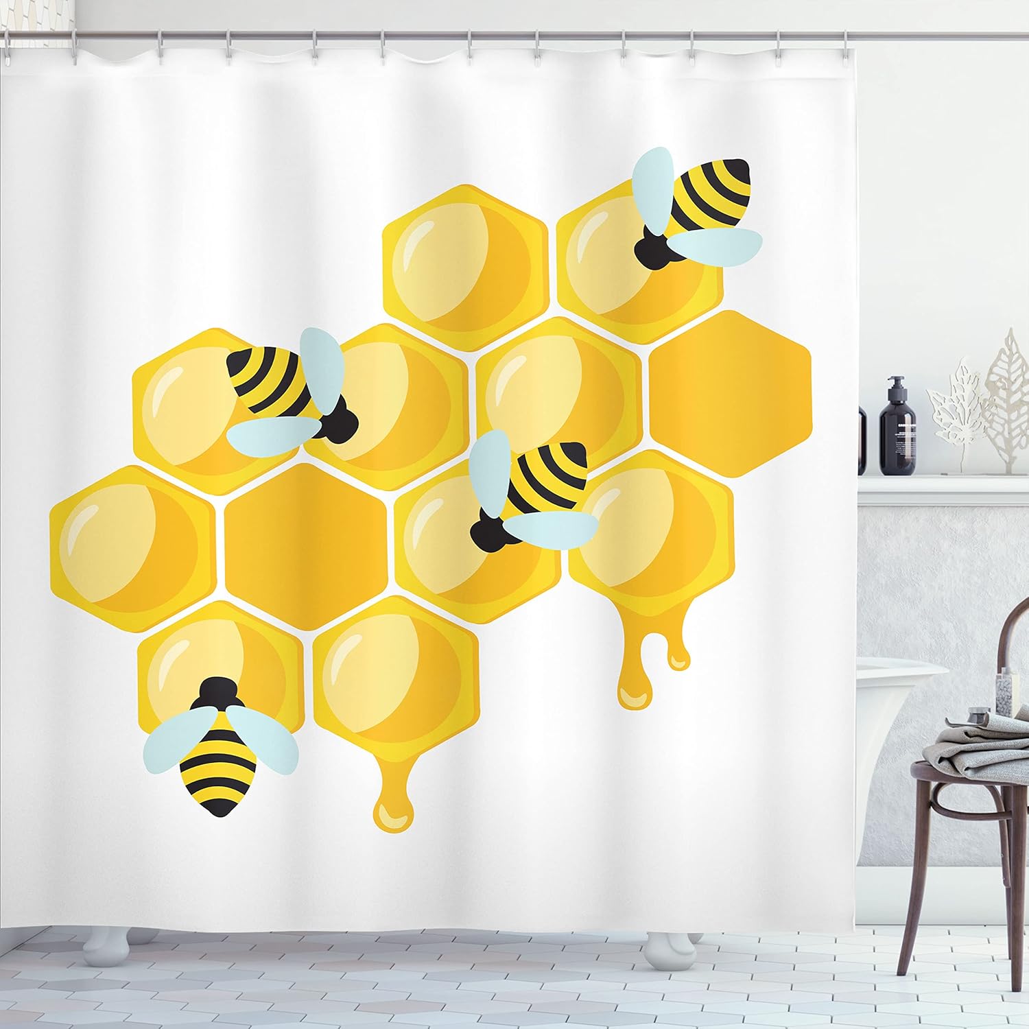 Lunarable Honey Bee Shower Curtain, Simplistic Insects on Hexagon Combs, Cloth Fabric Bathroom Decor Set with Hooks, 69" W x 75" L, Earth Yellow White