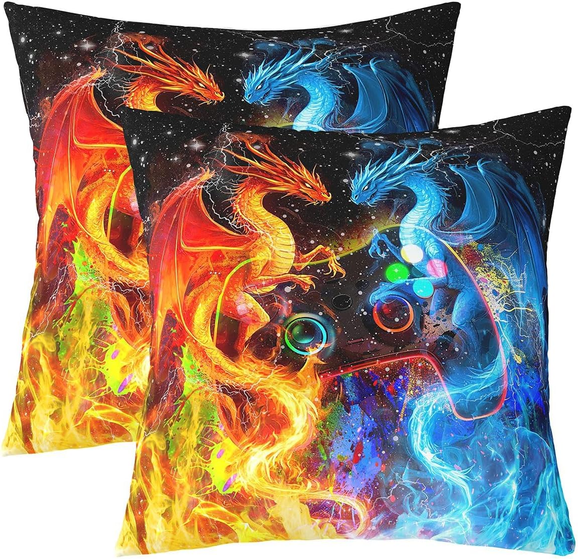 Feelyou Gamer Square Cushion Covers Set of 2, Dragon Gaming Throw Pillow Covers Ice Fire Dragon Pillow Covers for Kids Boys Girls Gamepad Cushion Covers for Couch Sofa 16 x 16-Inch