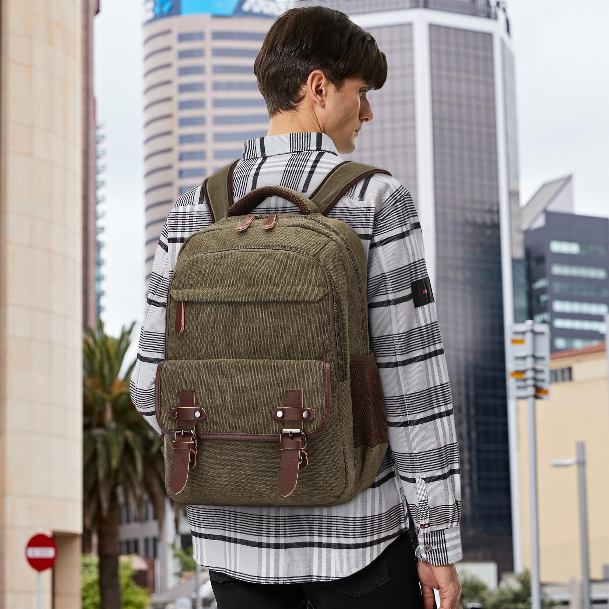 Retro Rucksack Herren Elegant Groß Kapazität Tagesrucksack für 15 Zoll Laptop mit Griff Mehrere Taschen Schulrucksack Reisen Lässig Arbeit Camping Täglich Leinwand Herren Backpack Grün