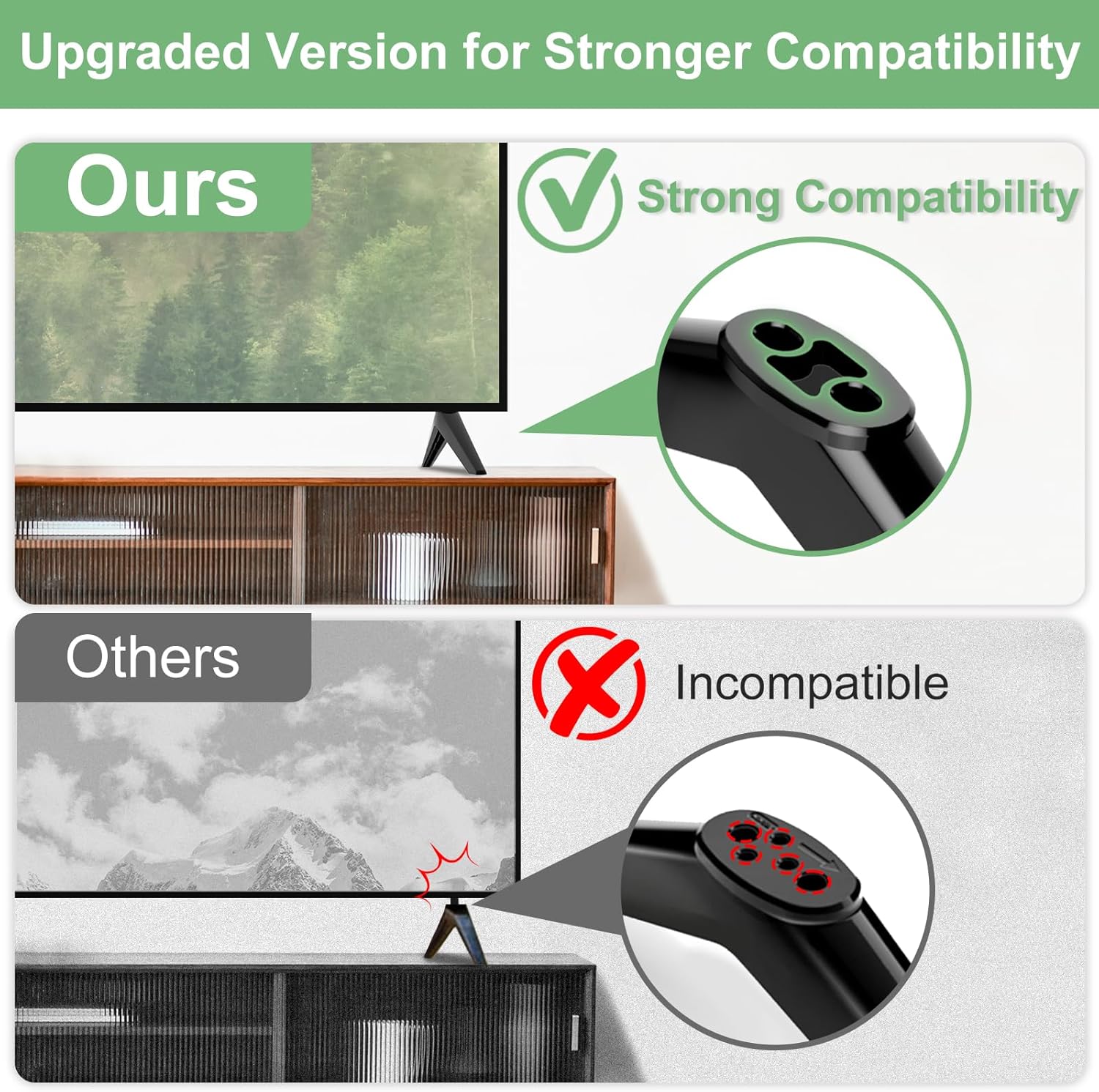 Image comparing Varghesyla TV stand legs with strong compatibility to other brands that may be incompatible due to incorrect hole alignment.
