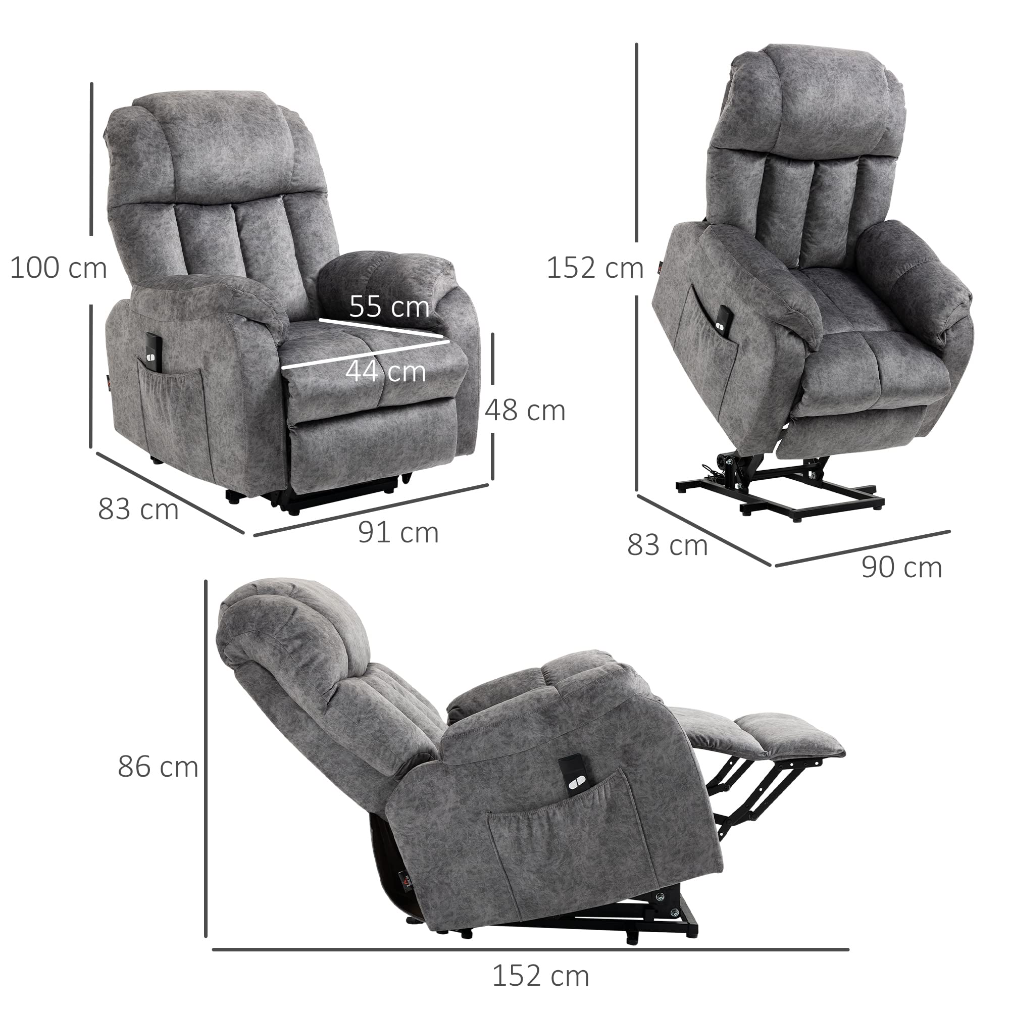 HOMCOM Sillón Relax Levanta Personas Eléctrico con Reposapiés Gris | Silla Elevadora Eléctrica, 2 Bolsillos Laterales, Mando a Distancia, Reclinación Eléctrica hasta 135°