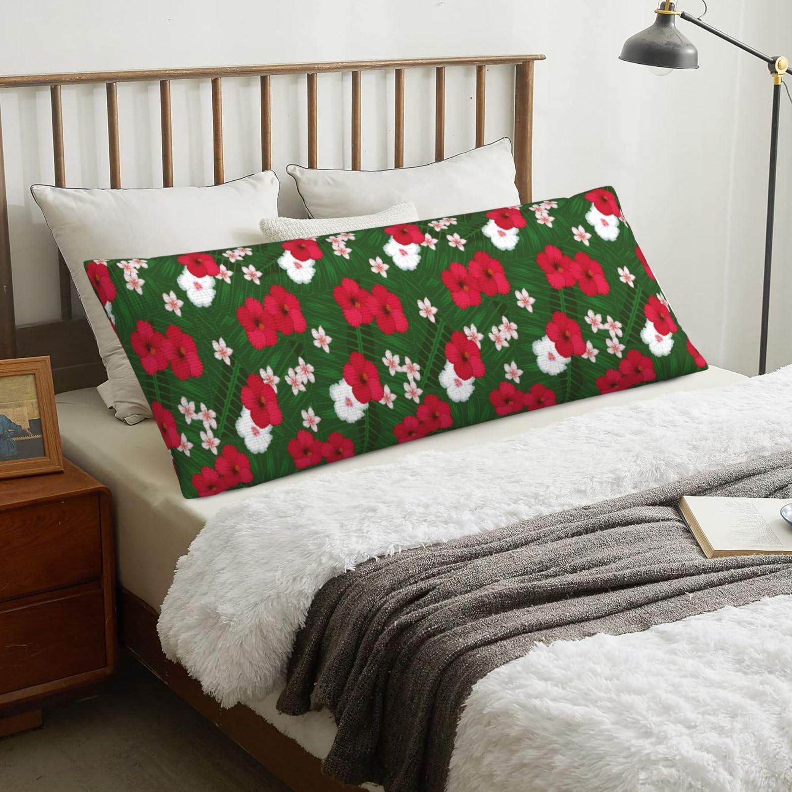 Plumeria Hibiscus Green Leaves Background, Body Pillow Cover with Zipper,Long Body Pillowcase 20 x 60 in