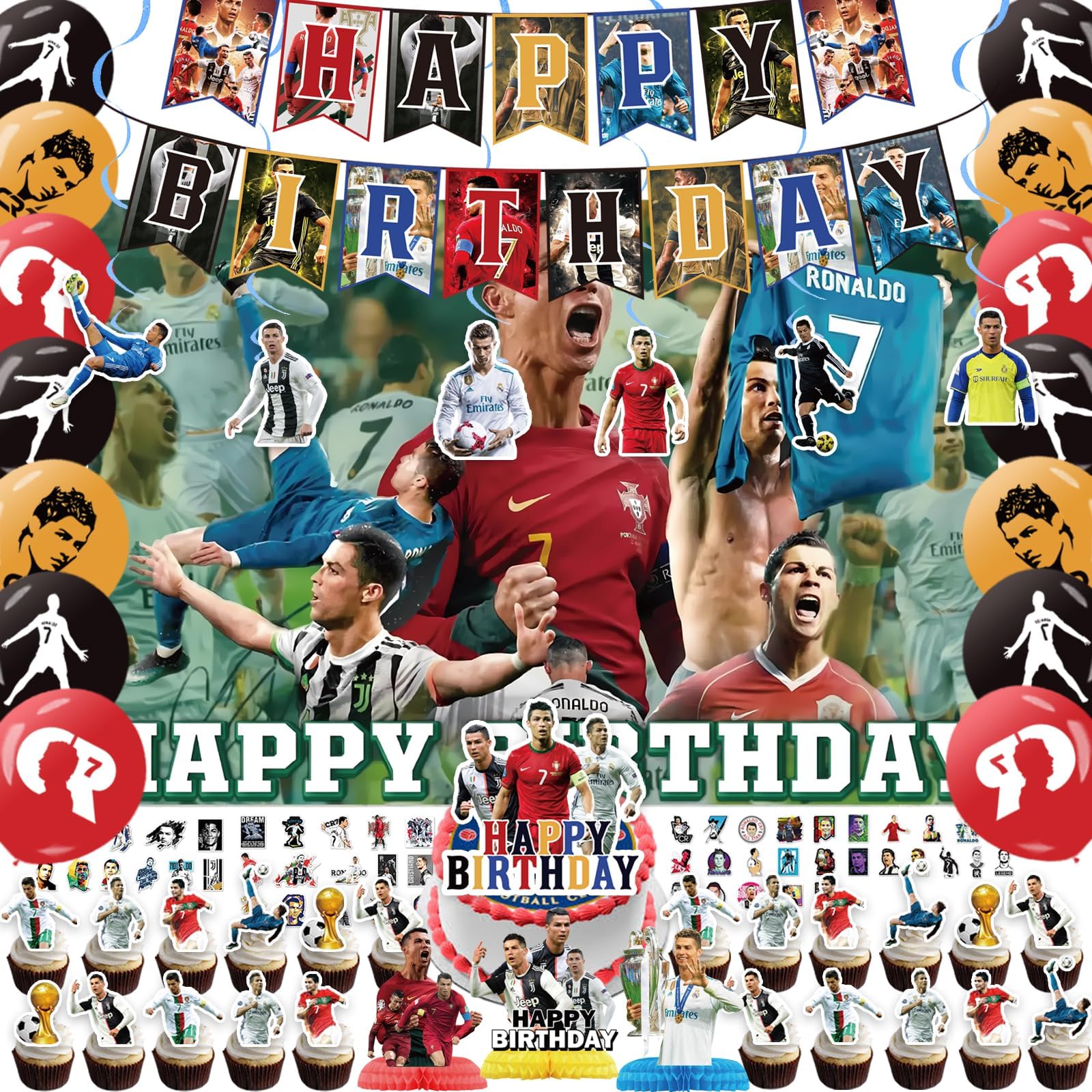 110 Pcs Birthday Decorations Soccer Birthday Party Decorations for Kids, Adult and Soccer Fans,Including Birthday Banner, Cake Toppers, Cupcake Toppers, Hanging Swirl, Backdrop etc.