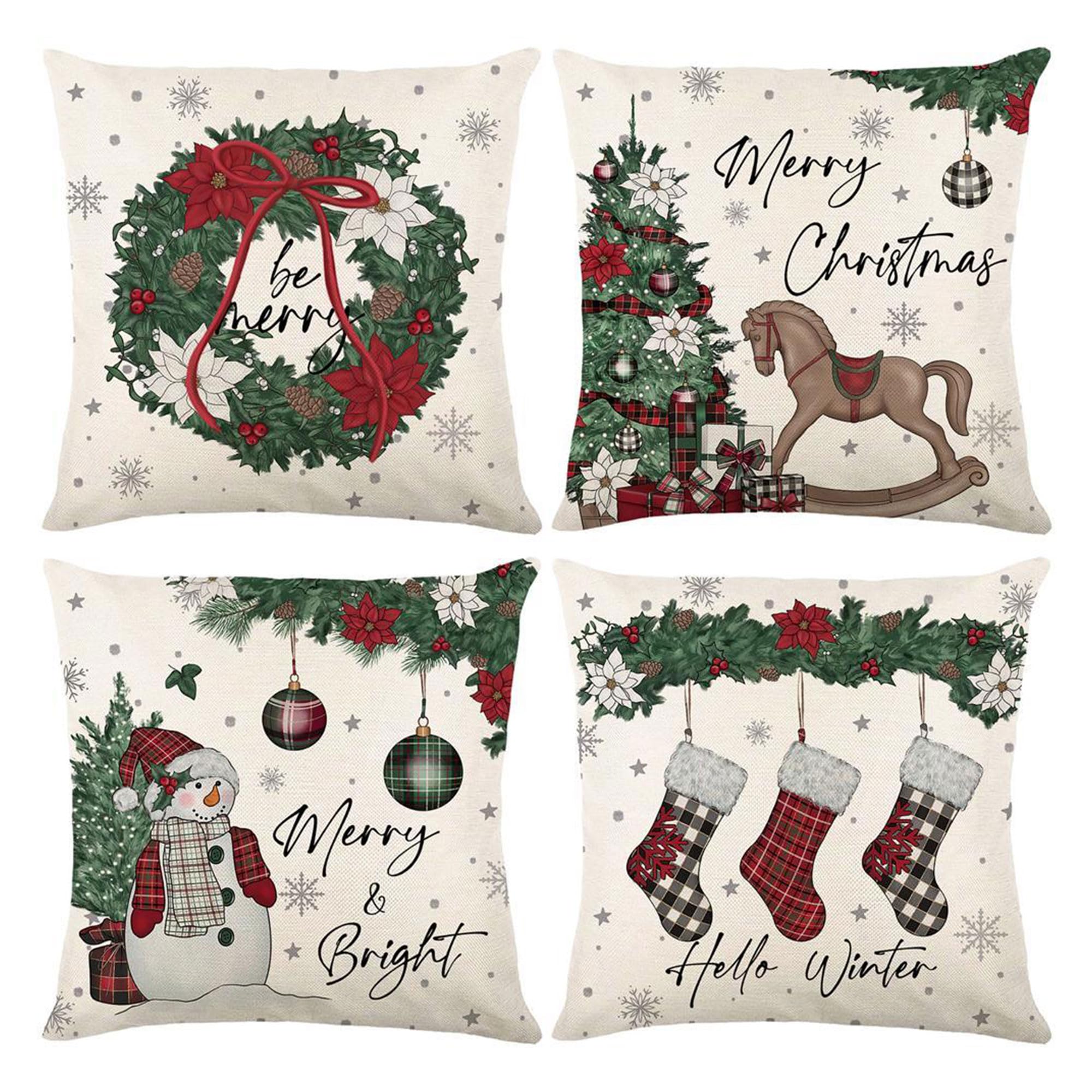 Set di 4 federe per cuscini natalizi, 45 x 45 cm, ghirlanda di Natale, cavallo, pupazzo di neve, calza di Natale, decorazione invernale per divano