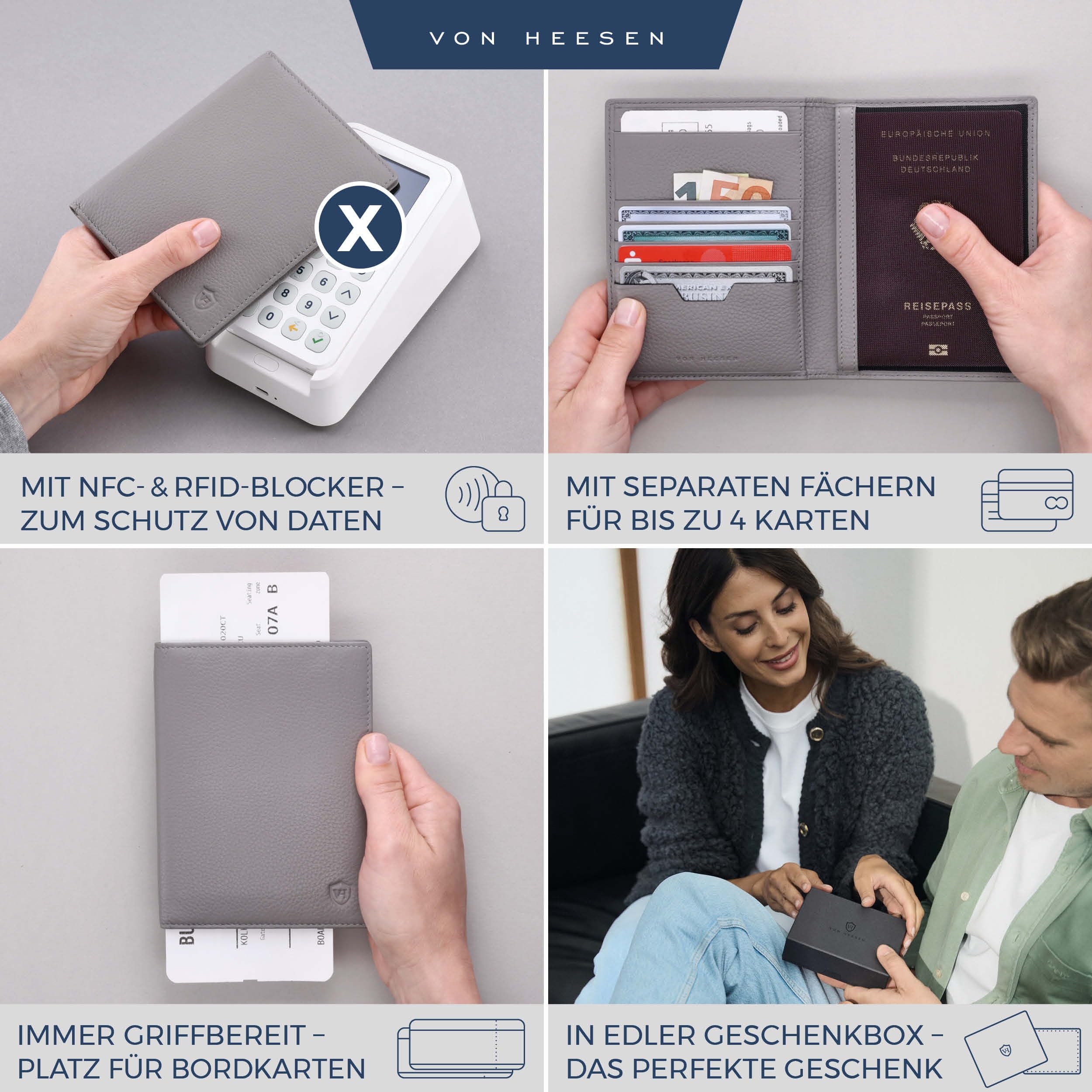 VON HEESEN Funda de piel para pasaporte con protección RFID para hombre y mujer, gris, Funda para pasaporte